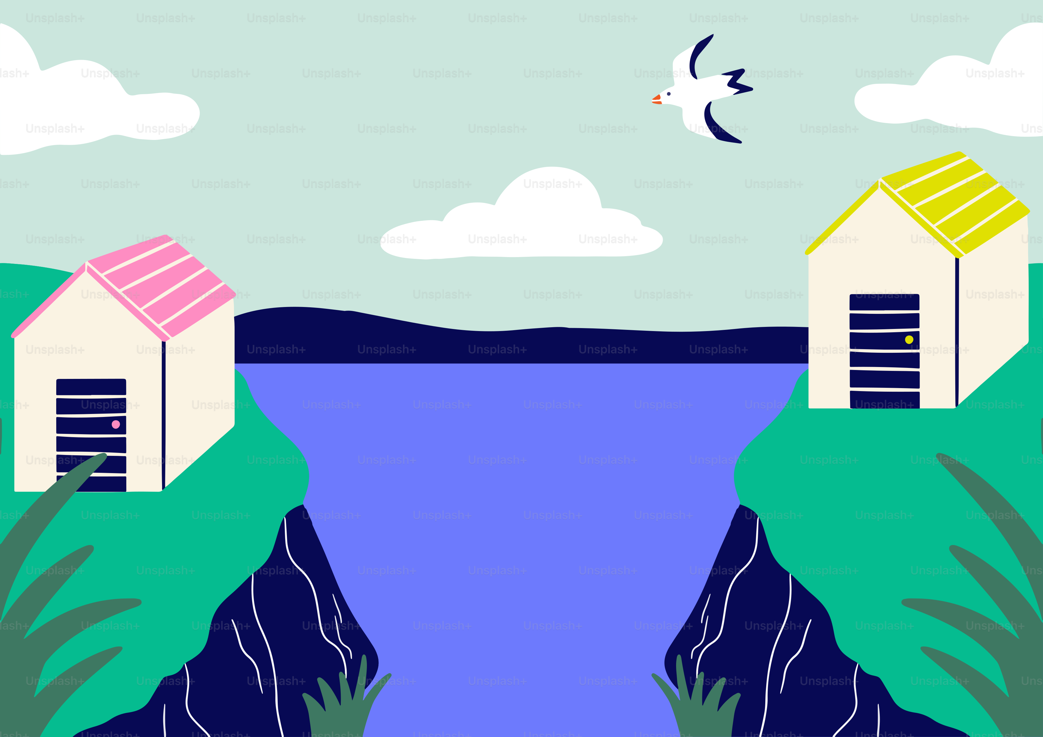 Two houses face each other across a blue river