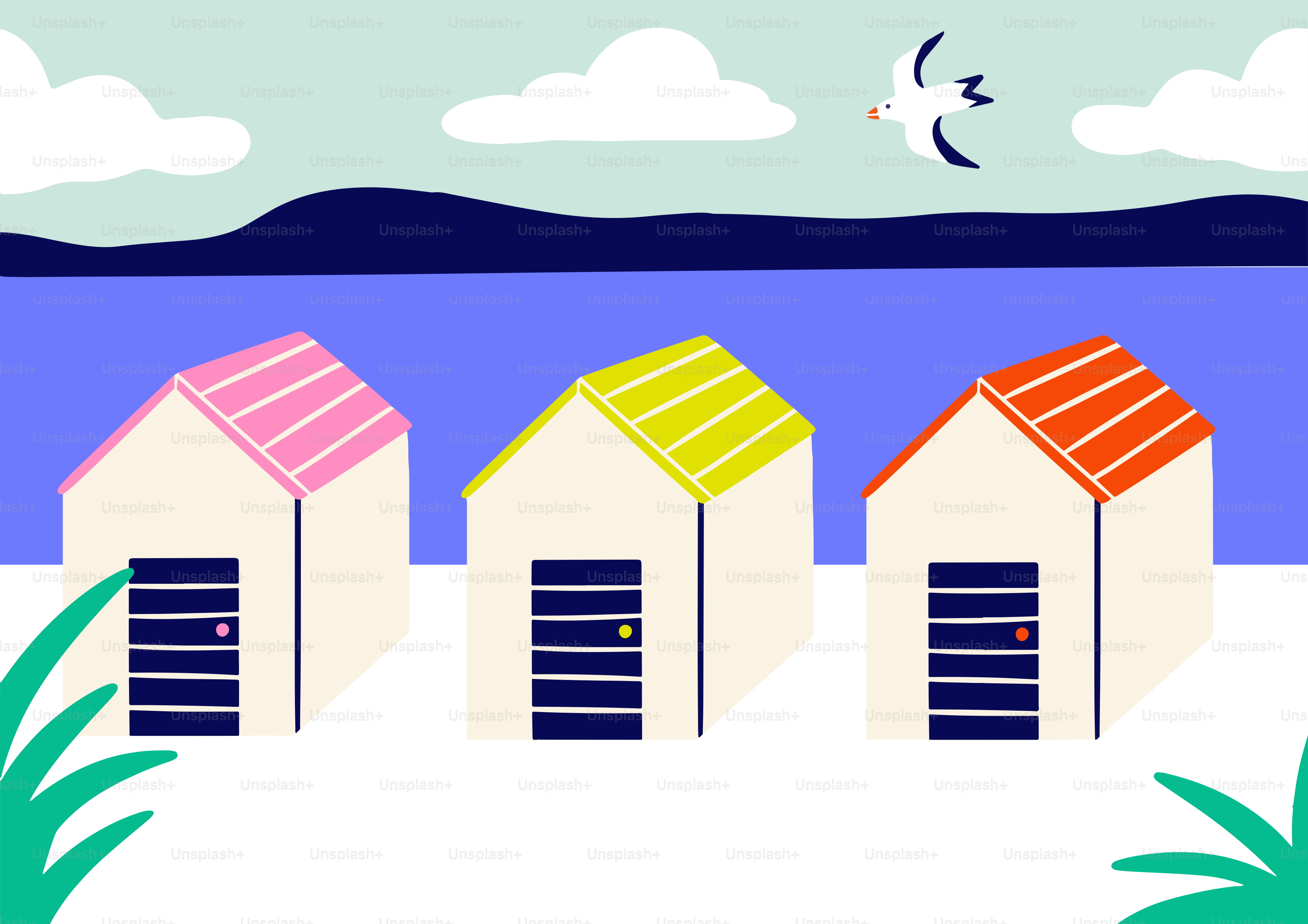 Cabanas de praia coloridas ficam ao longo da costa.