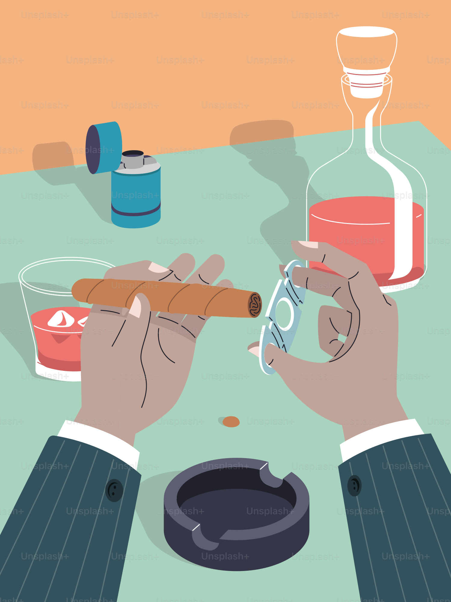 Prepararsi a tagliare un sigaro con whisky nelle vicinanze.