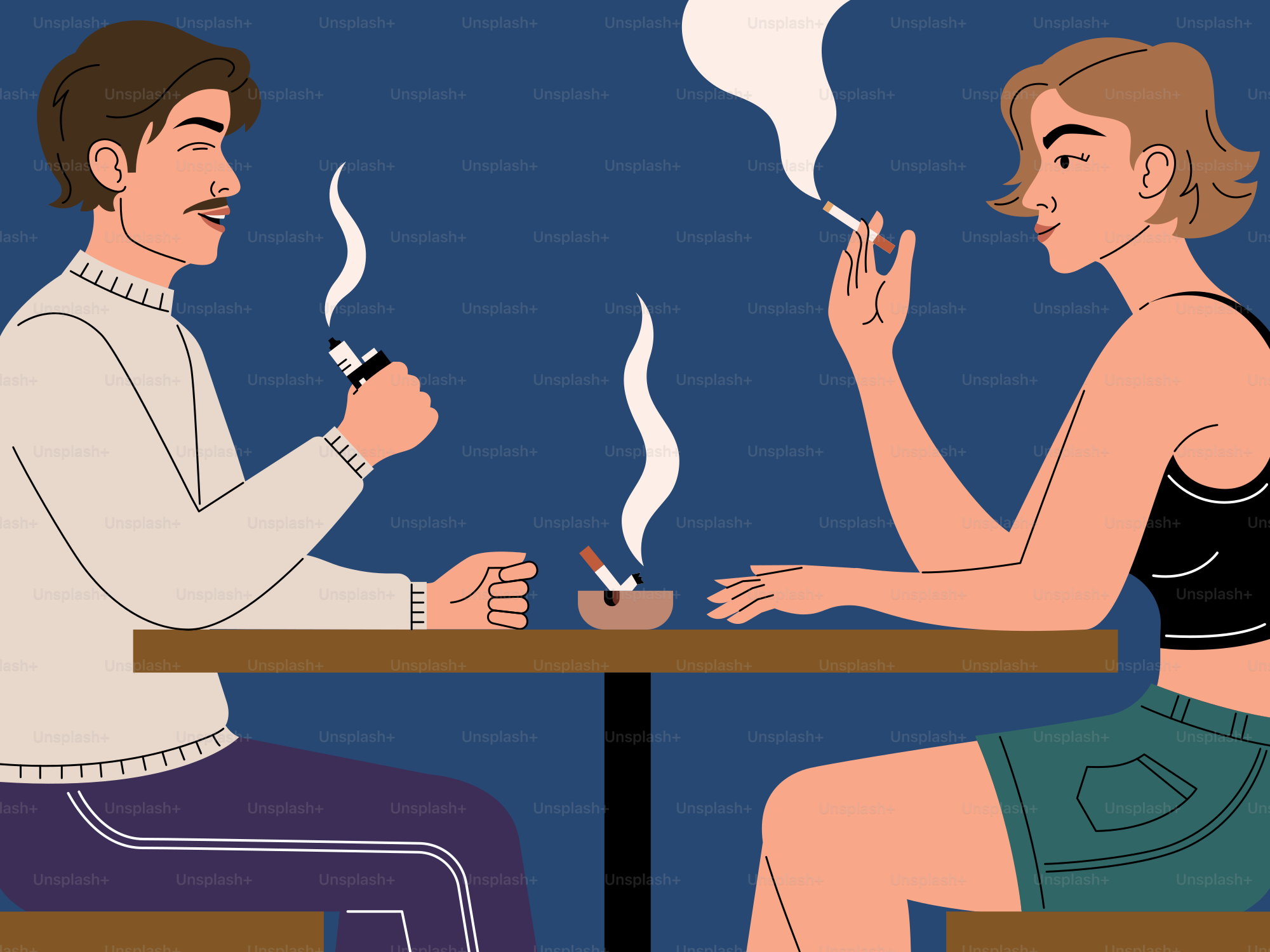 Due persone fumano a un tavolo.