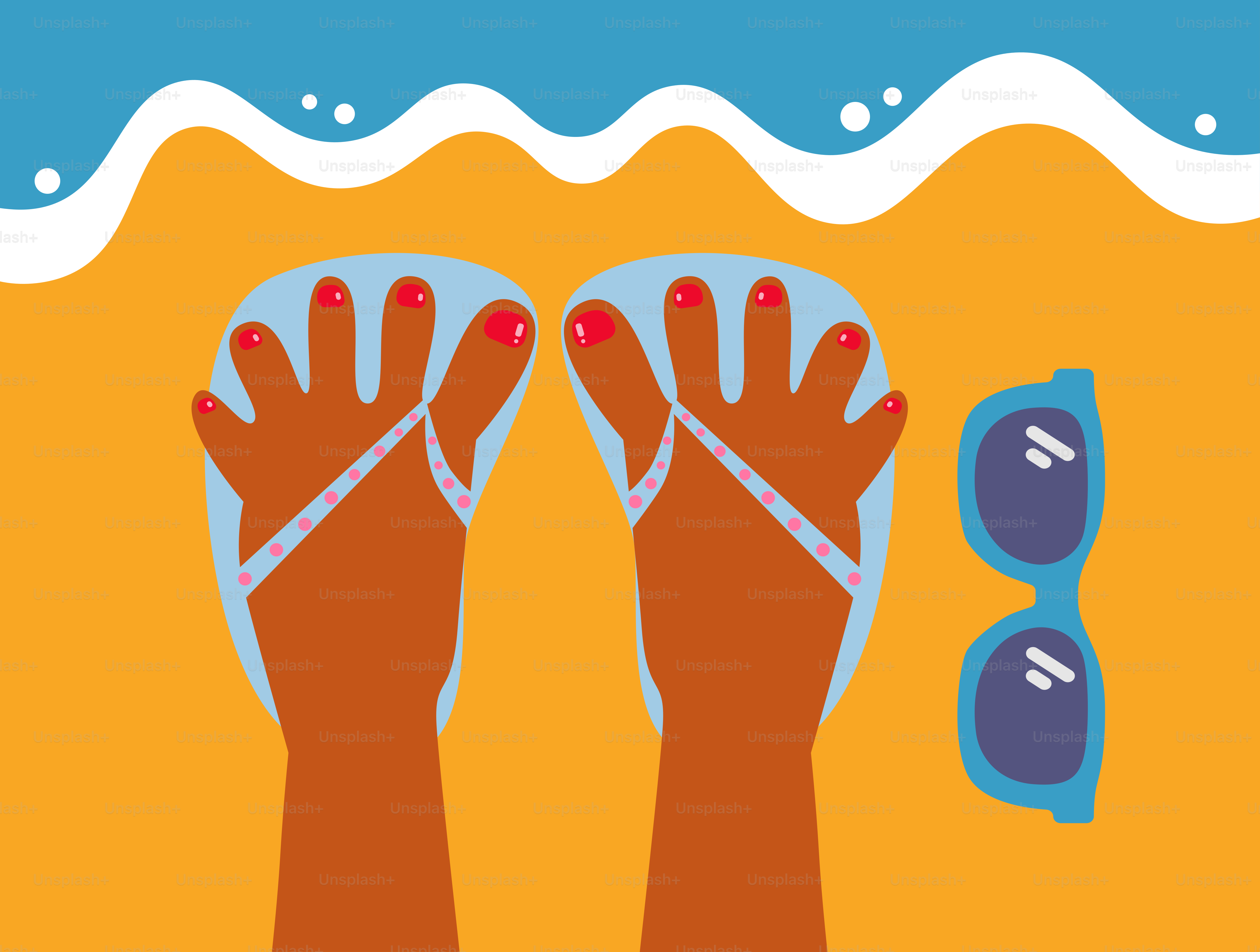 Feet in flip-flops relaxing at the beach.