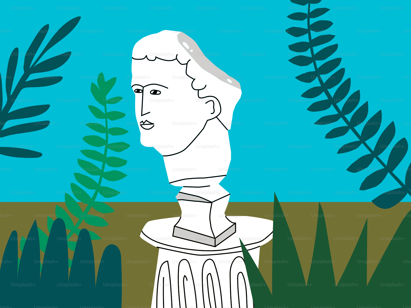 A statue surrounded by foliage.