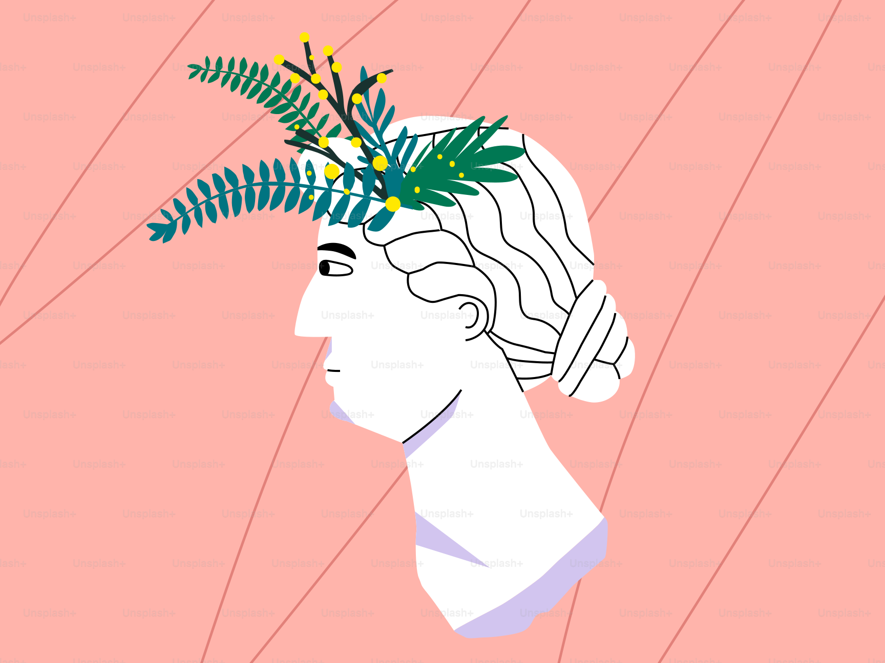 Une statue décorée de fleurs et de verdure.