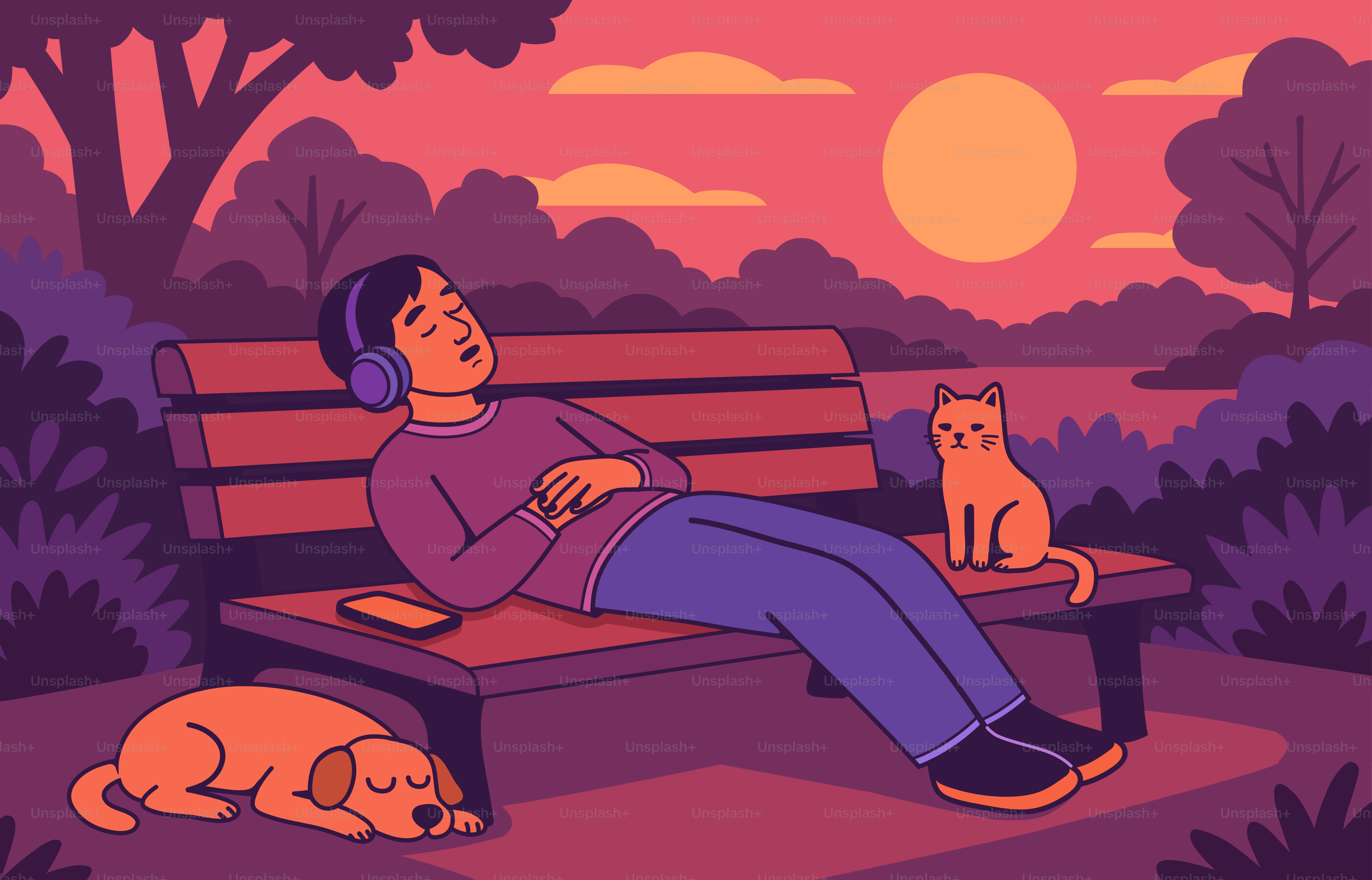 L'uomo si gode la musica in un parco al tramonto.