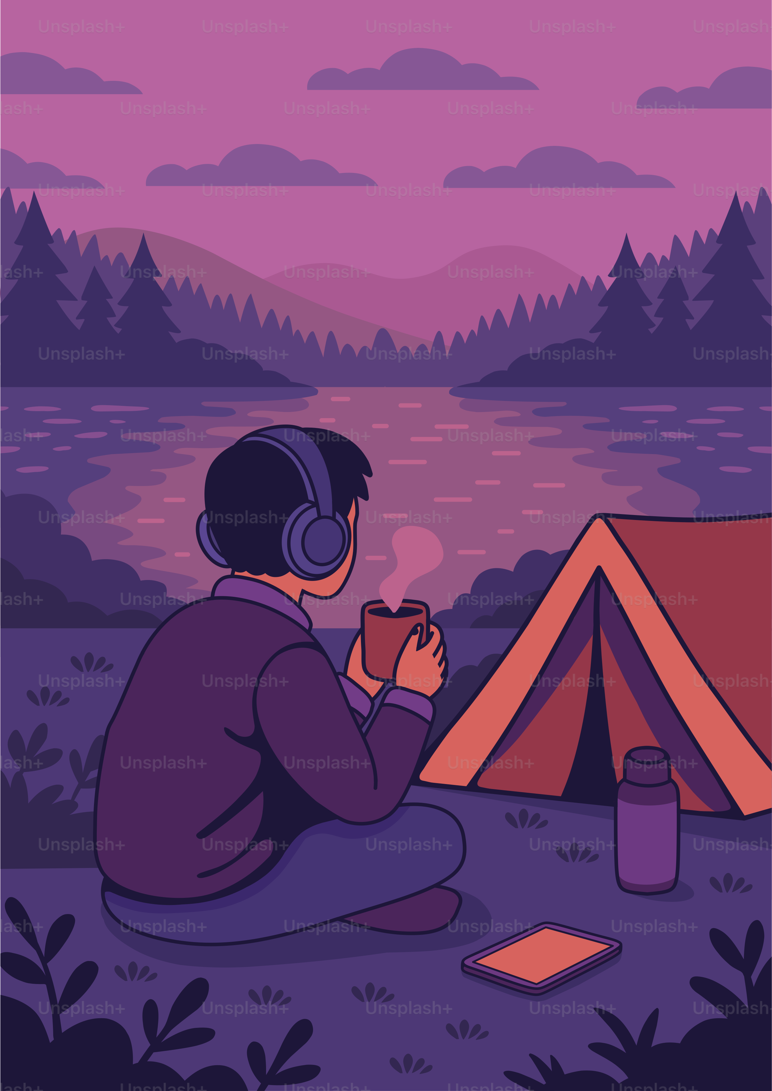 Enjoying a peaceful camping trip, drinking warm beverage.