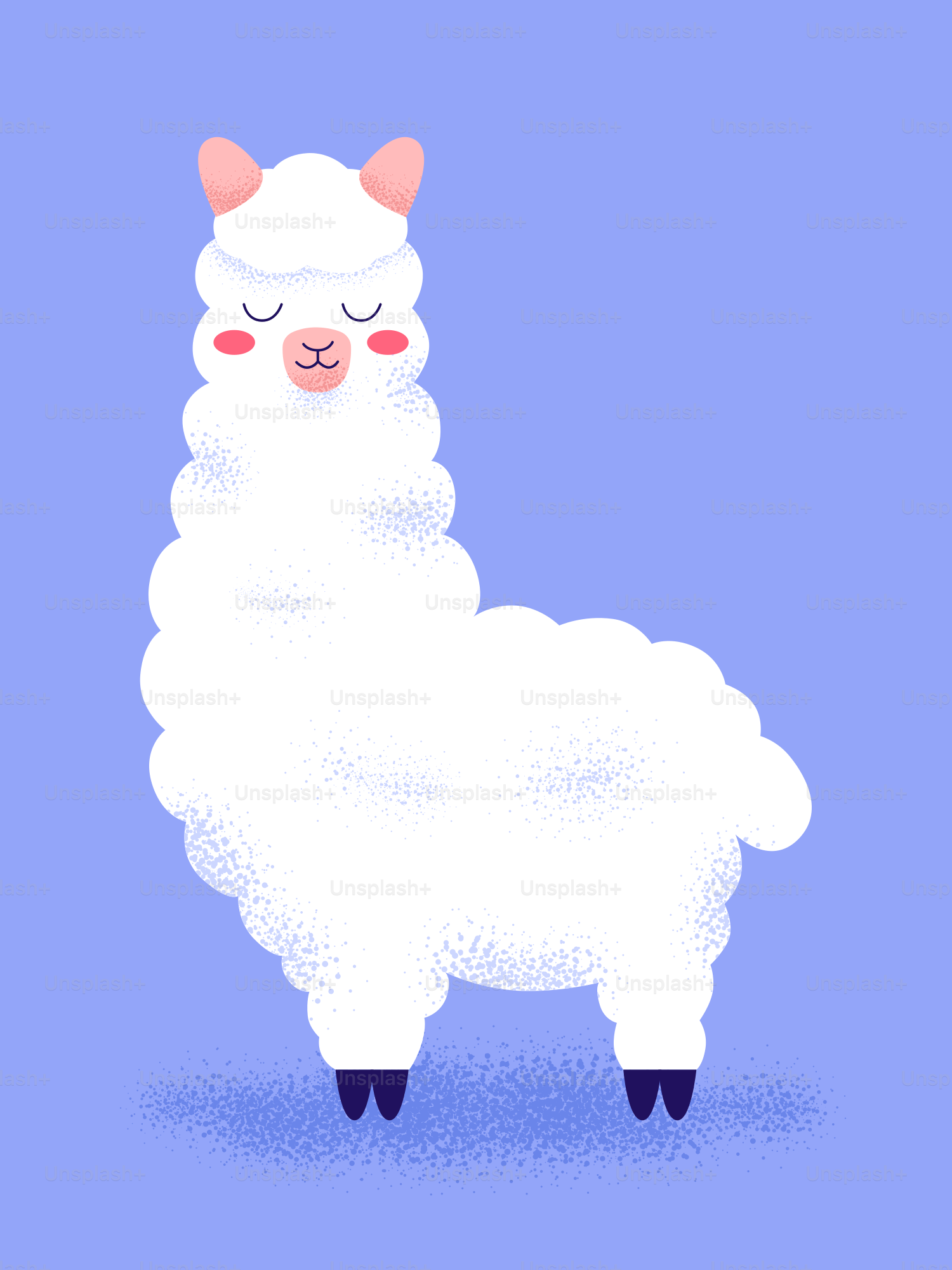 A cute, fluffy alpaca stands happily on a blue background.