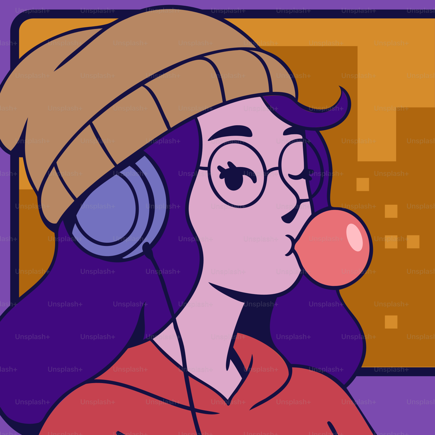 A cool girl blows a bubble with headphones.