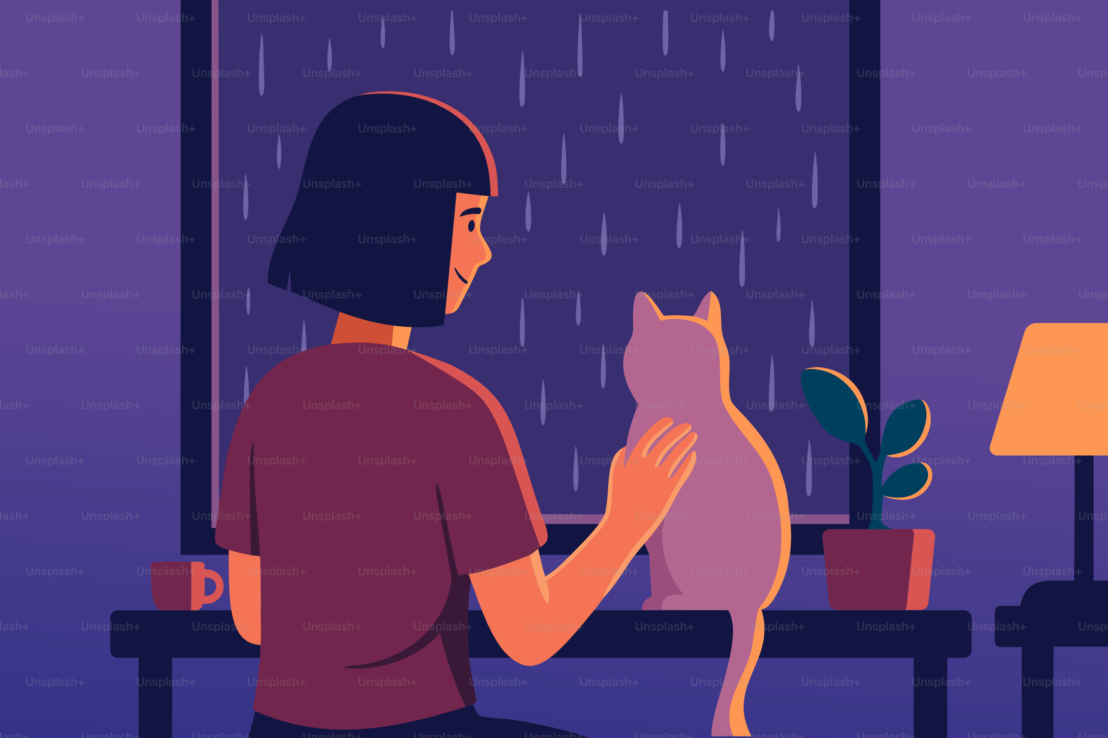 A woman pets a cat by the window.