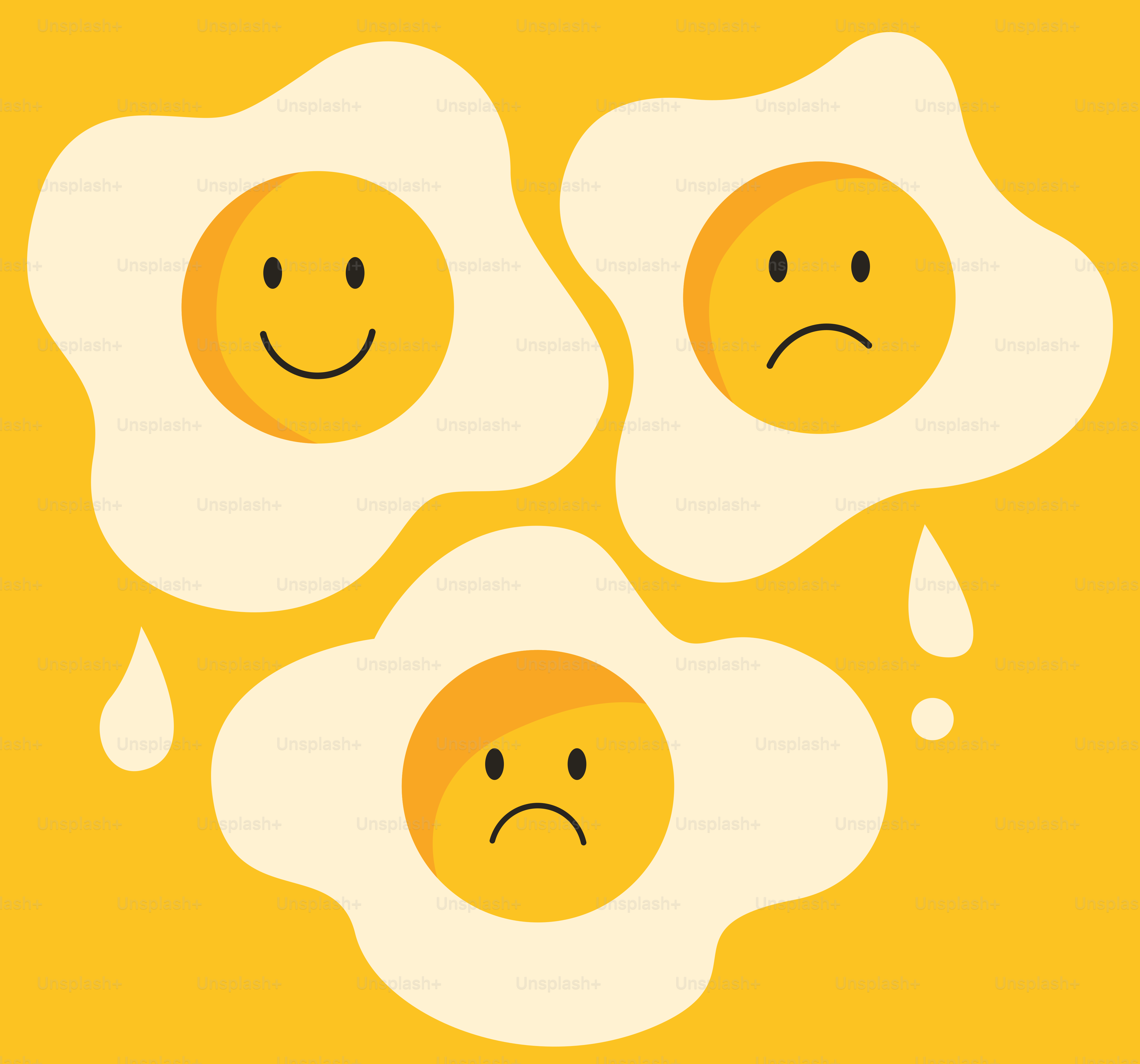 Smiling and sad eggs on a yellow background.