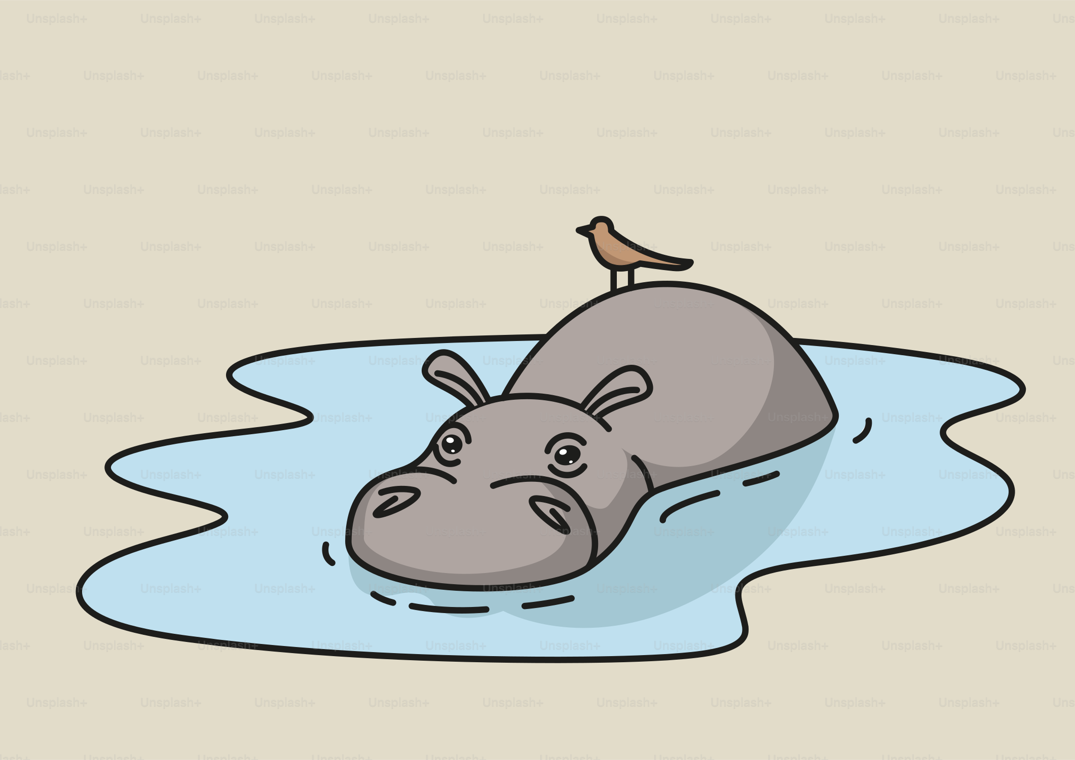 Un ippopotamo con un uccello si sta rilassando nell'acqua.