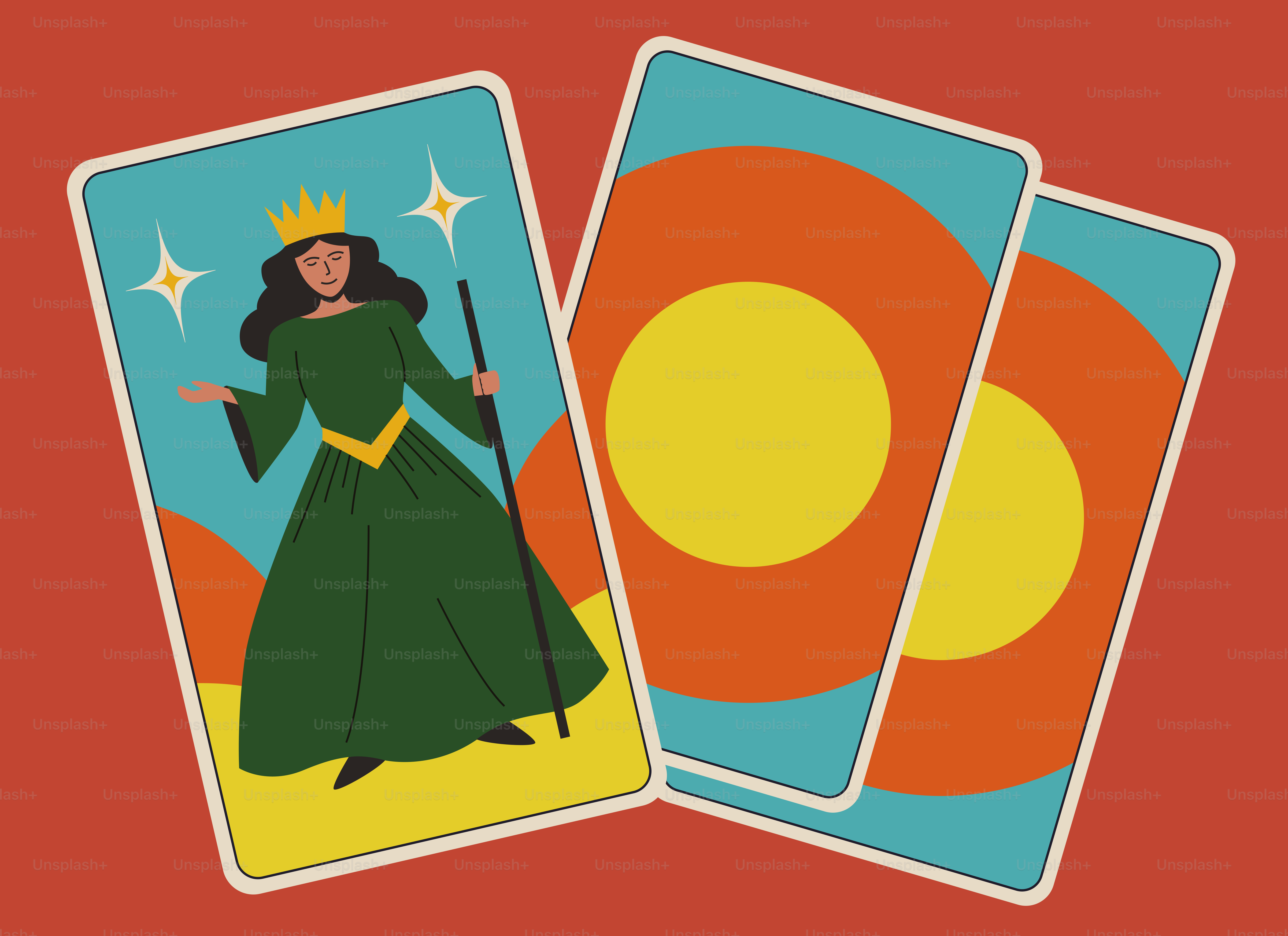 Cartas del tarot que muestran a una reina y su espalda.