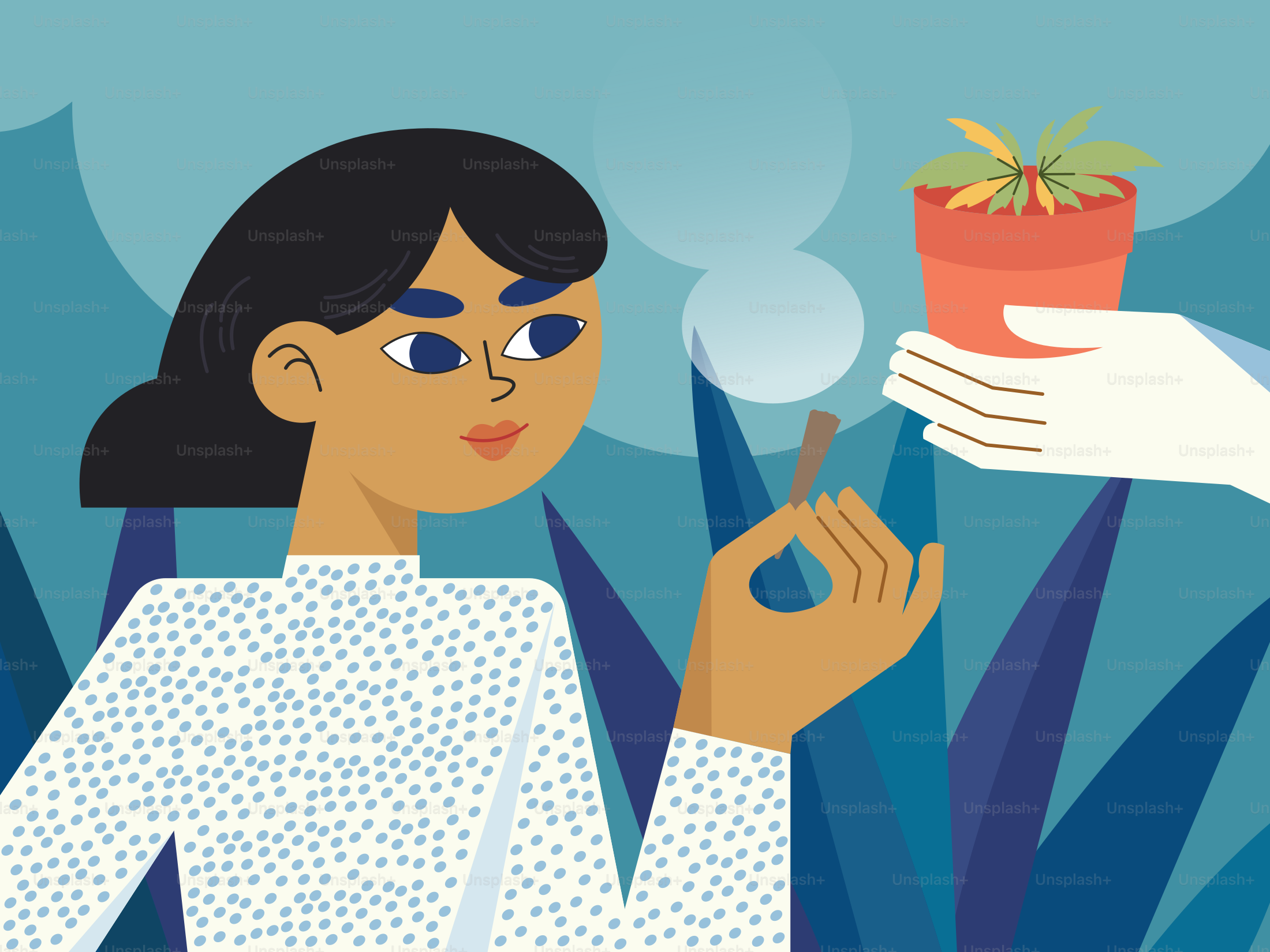 Woman smokes while someone offers a cannabis plant.