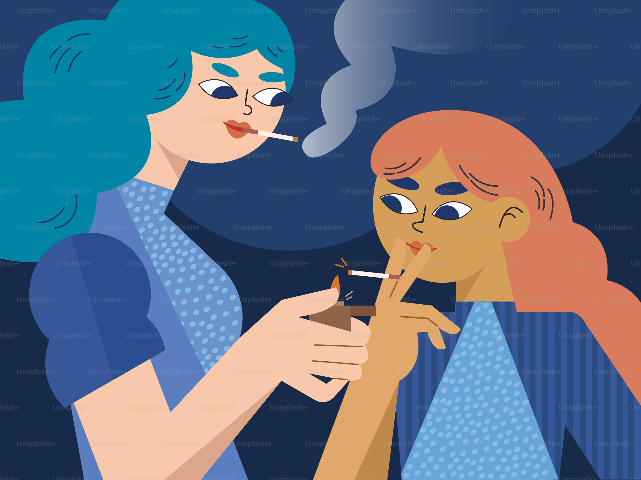 Two women are smoking cigarettes together.