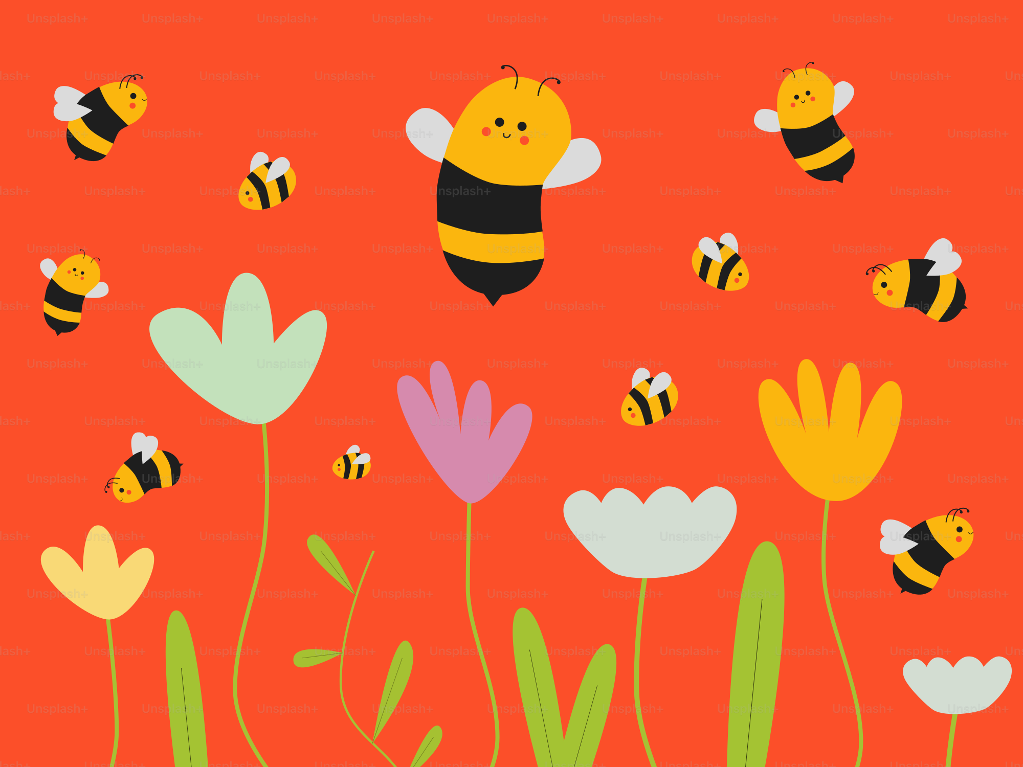 Bees buzz around colorful flowers on a red background.