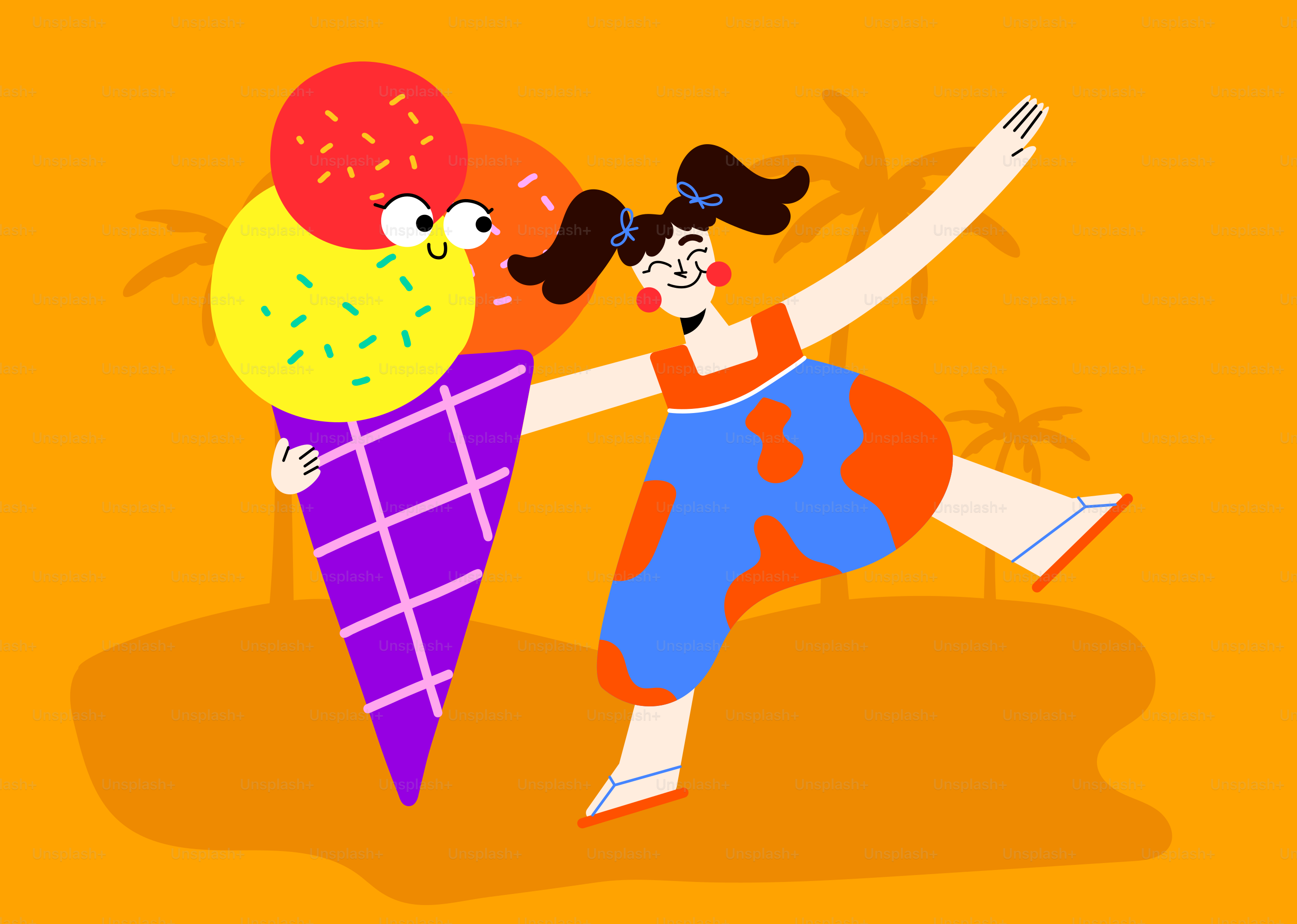 Gadis dengan senang hati menari dengan kerucut es krim raksasa.