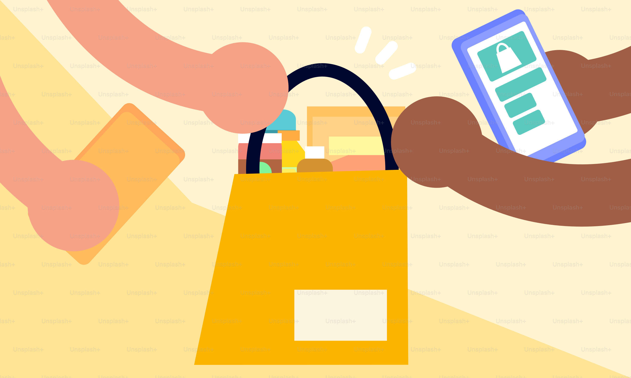 電話とバッグの配達によるオンラインショッピング。