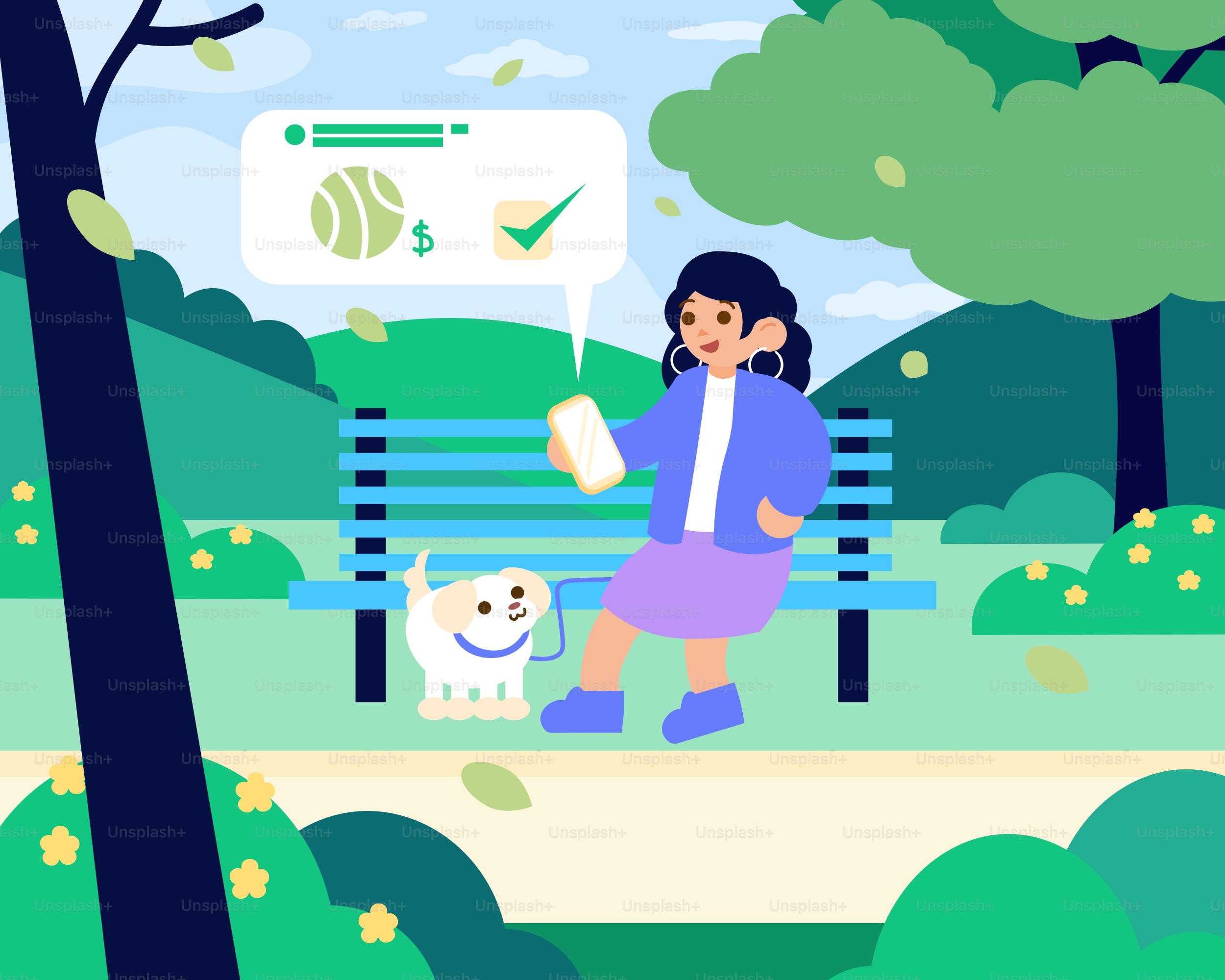 Woman pays dog care bill on phone.