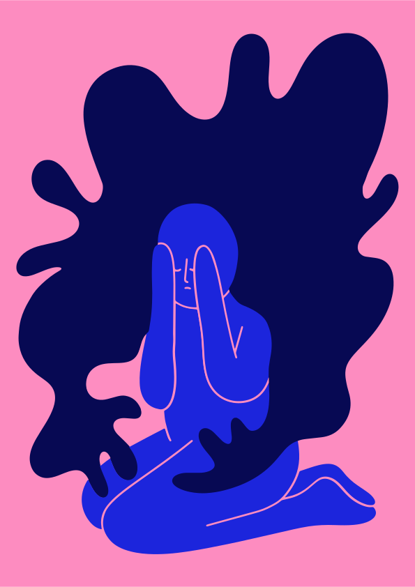 A person kneels, overwhelmed by a dark presence.