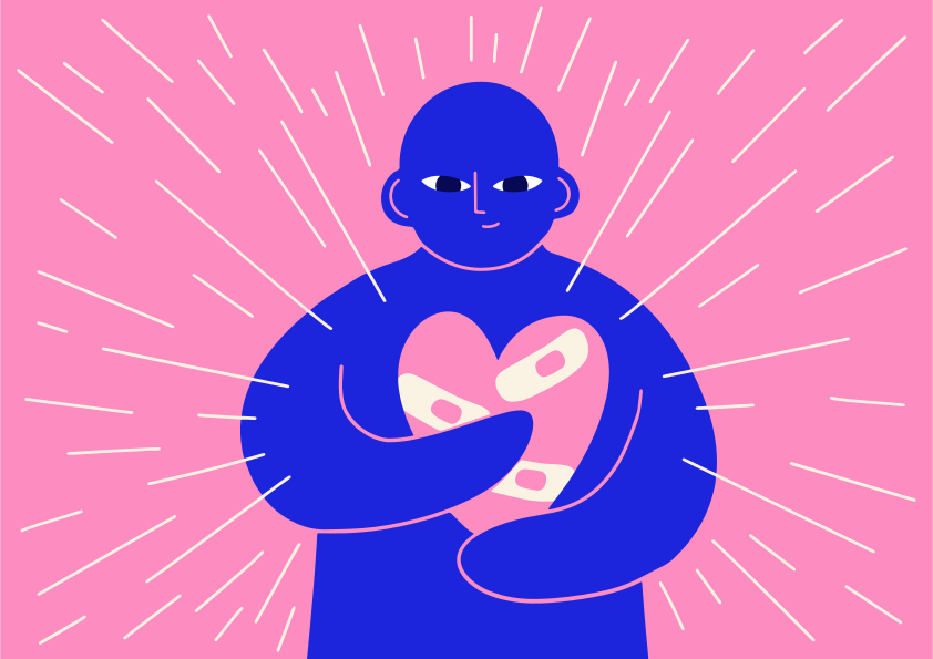 A person holds a bandaged heart.