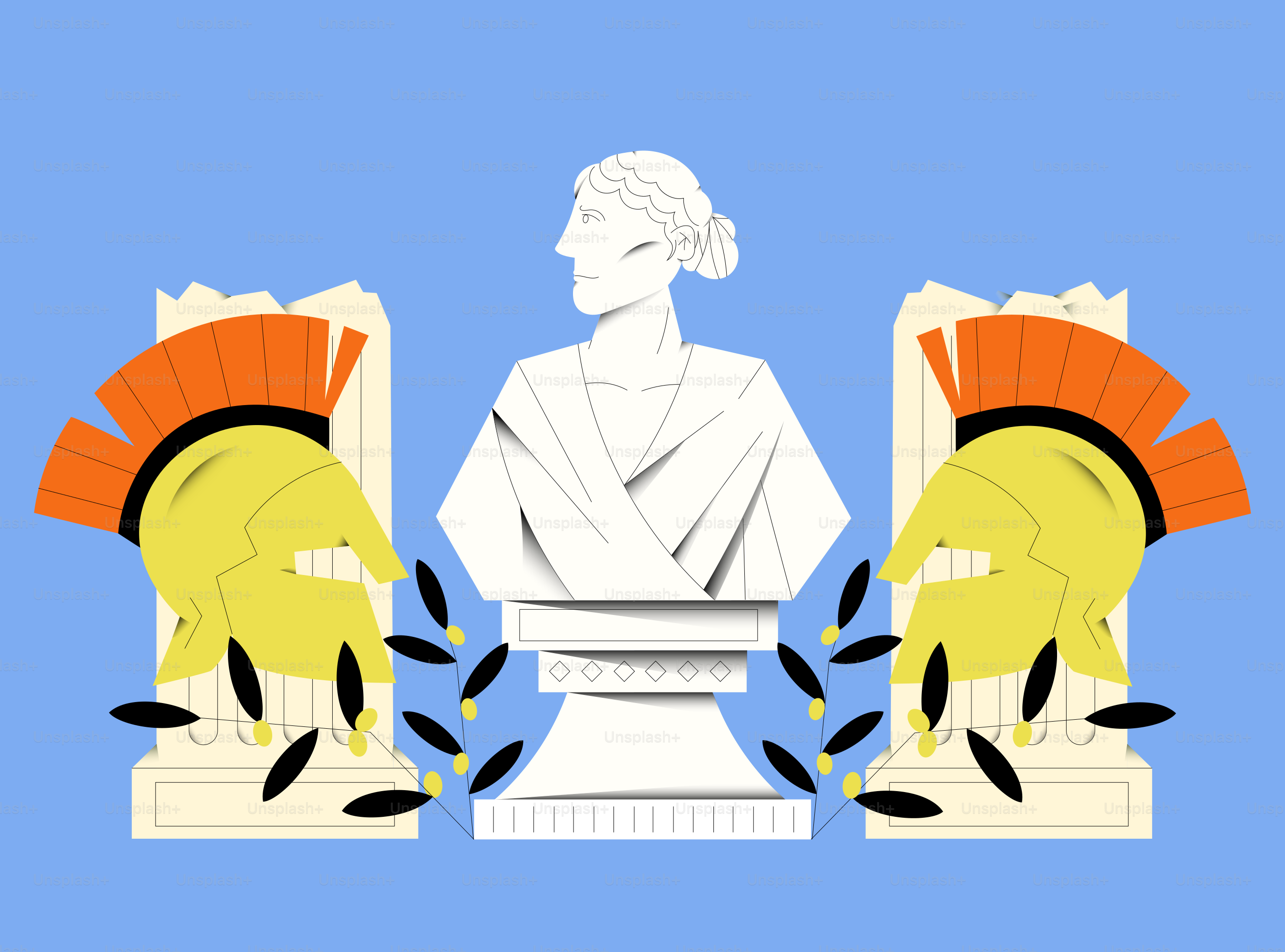 A statue is flanked by greek helmets and foliage.