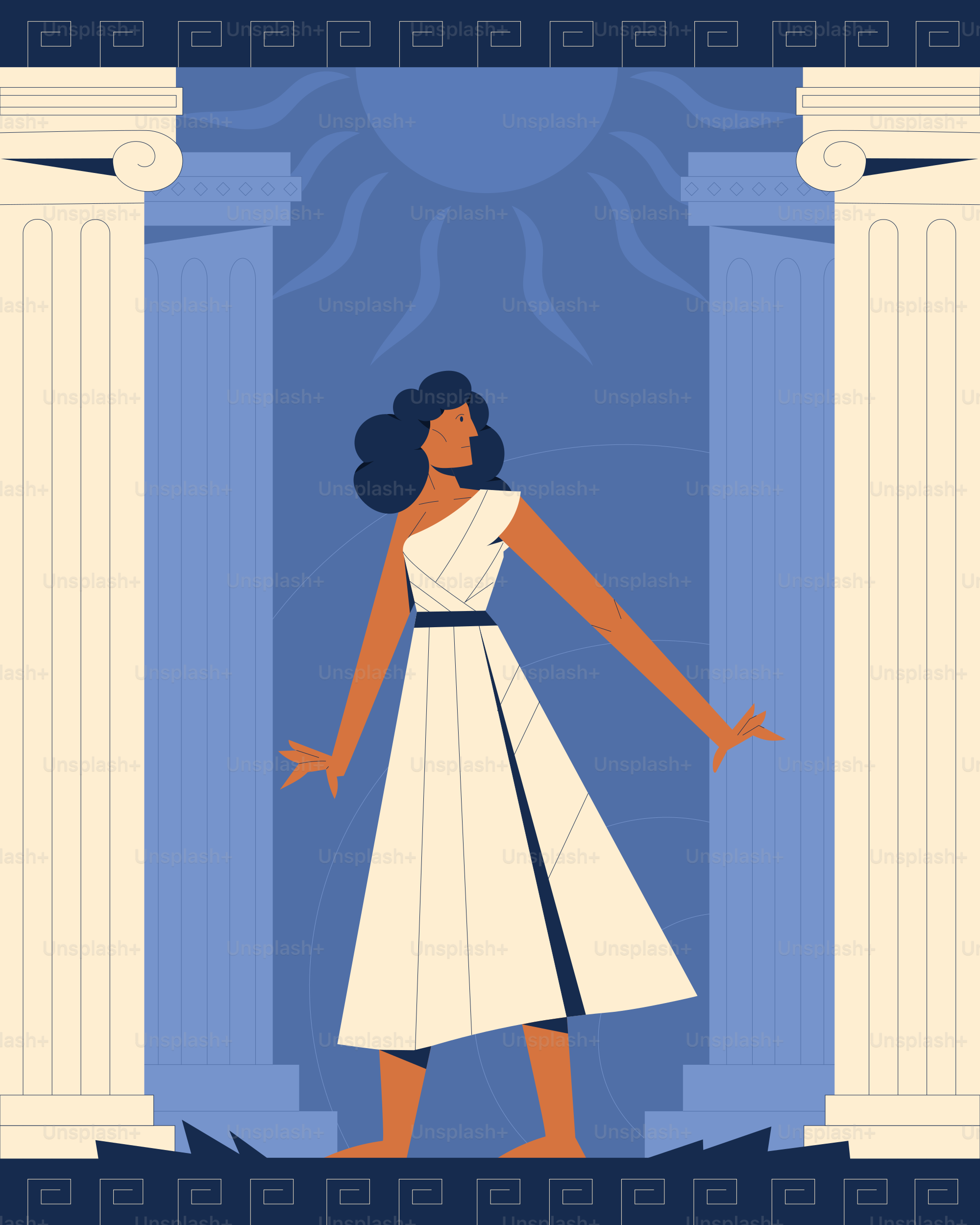 A woman stands before greek columns.