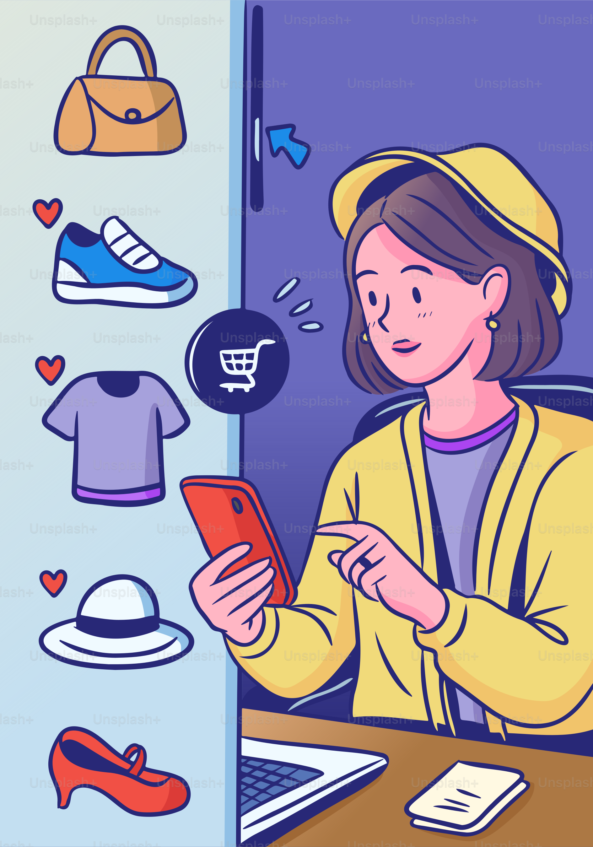 Woman shopping online for clothes and accessories.