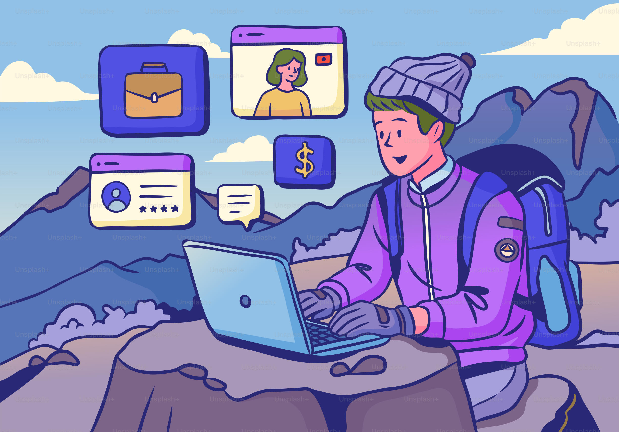 A hiker works remotely using a laptop.