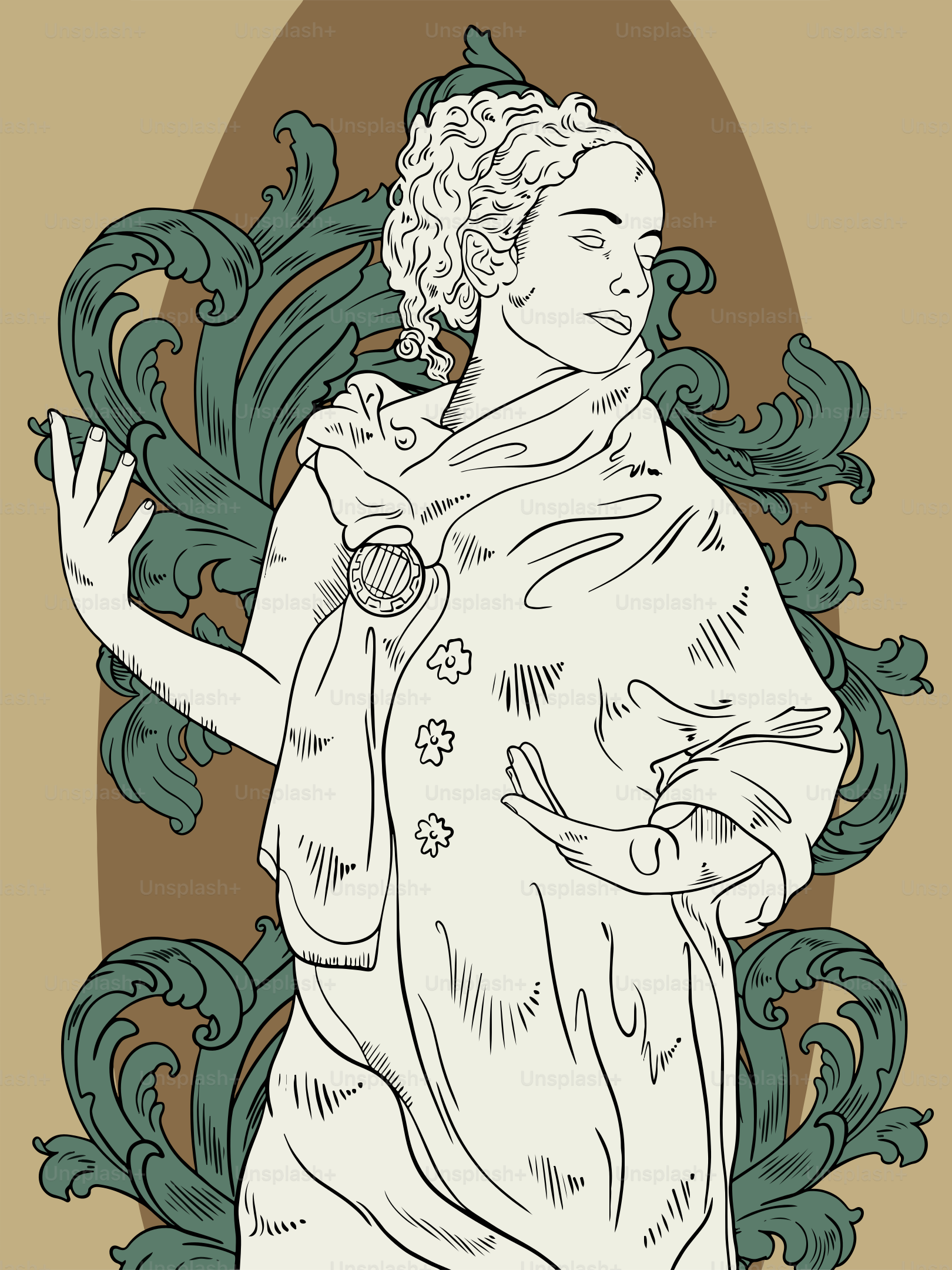 Eine Frau ist mit filigranen Blumendetails gezeichnet.