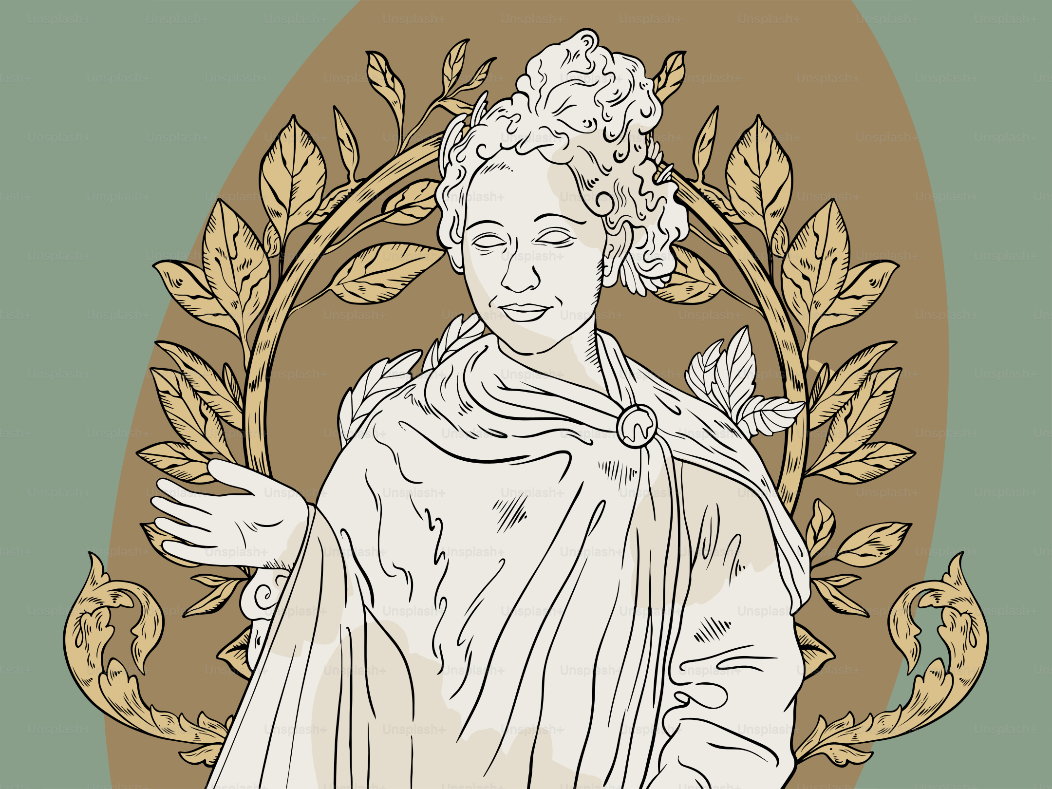 Here's a caption: a woman in a toga with a laurel wreath.