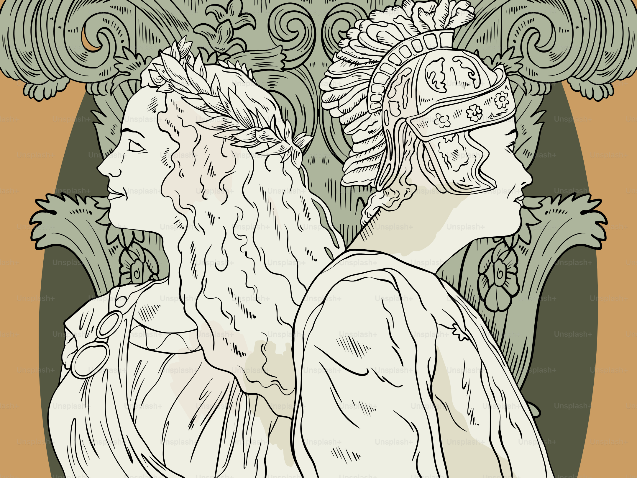 Zwei klassische Figuren stehen Rücken an Rücken im Profil.