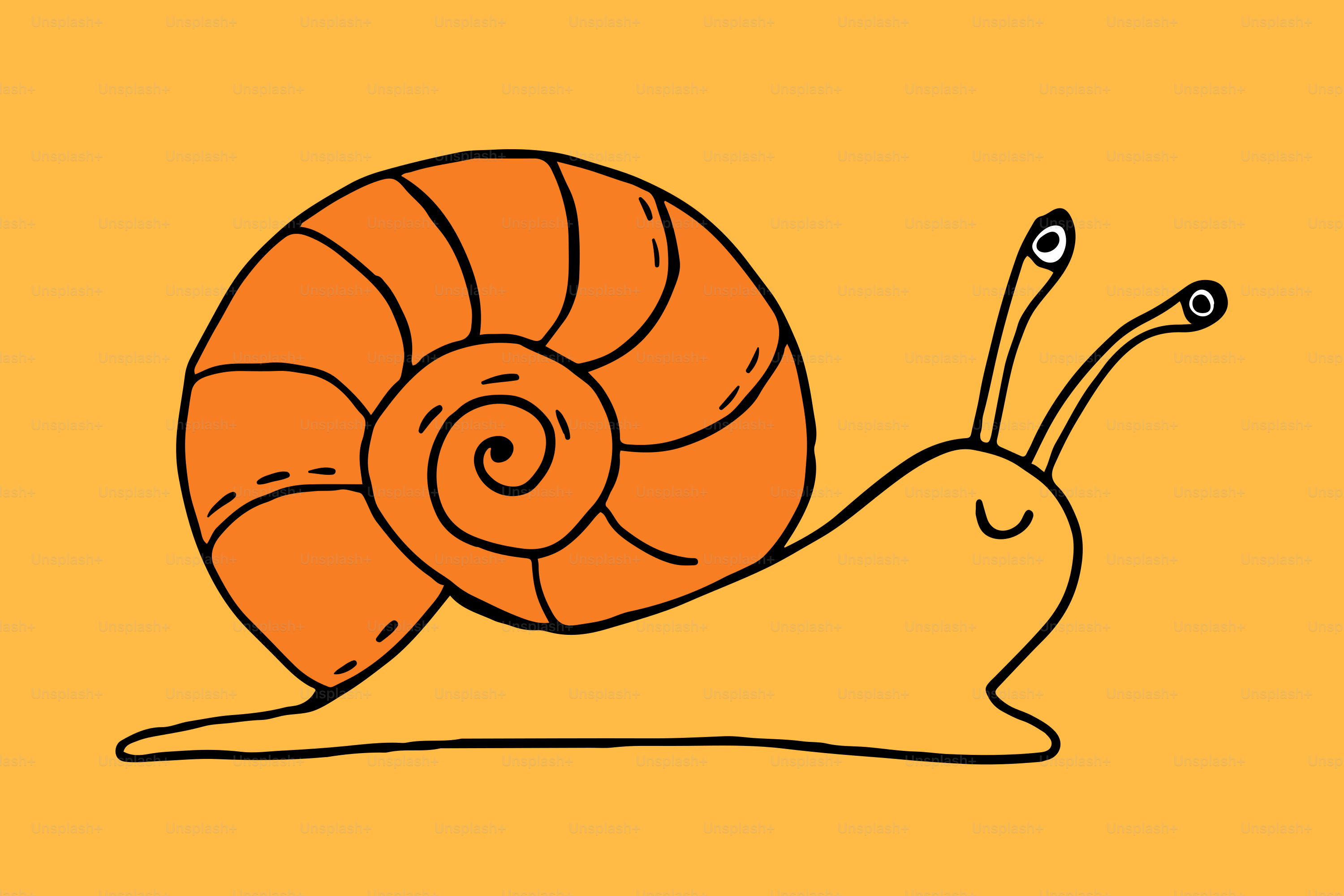 Here is a caption: an orange snail crawls across a yellow background.