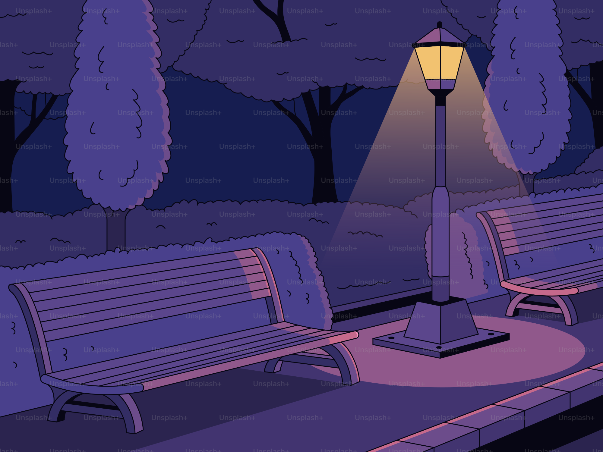 A glowing lamppost lights a park at night.