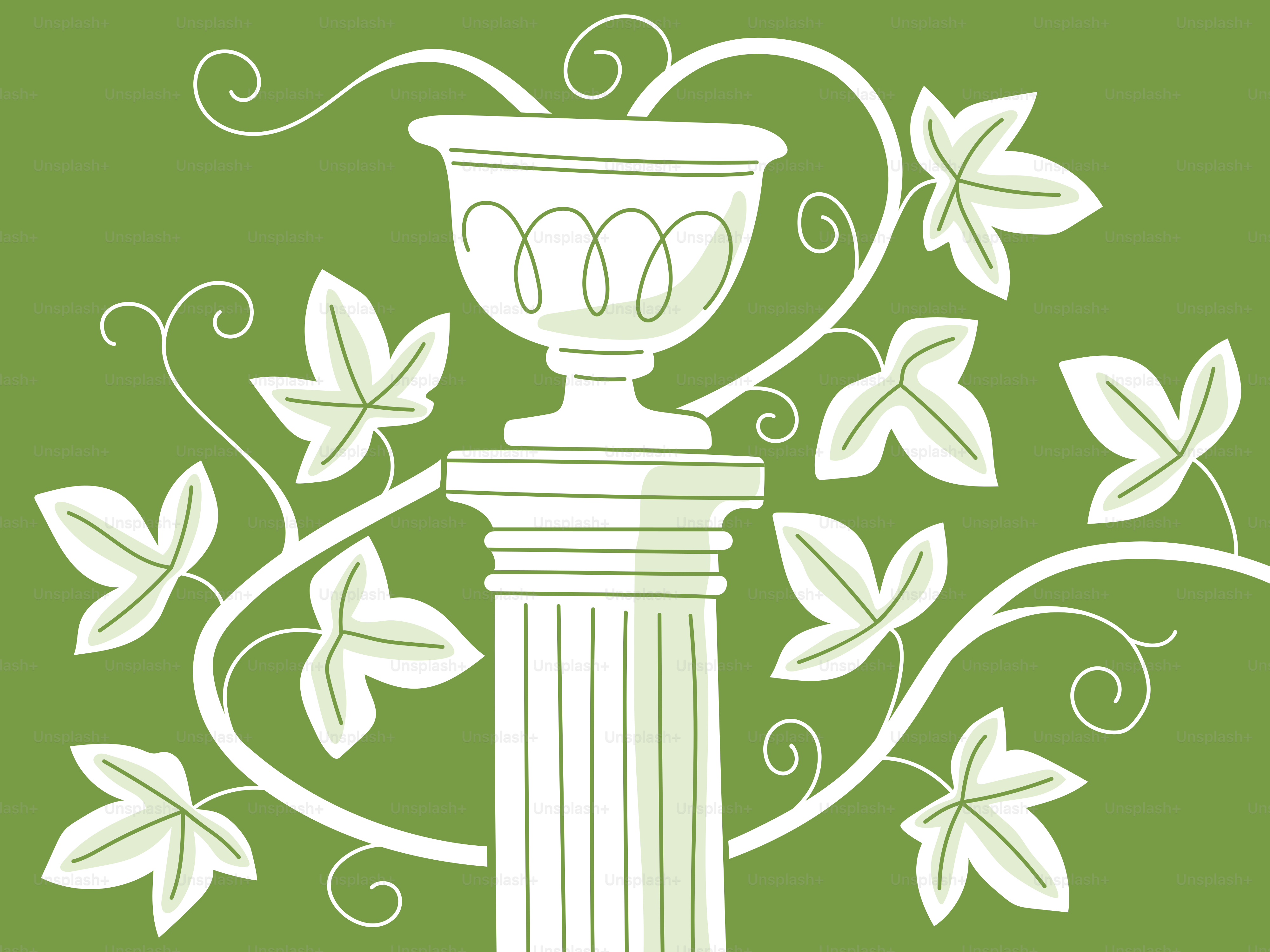 Una urna decorativa descansa sobre una columna con enredaderas.