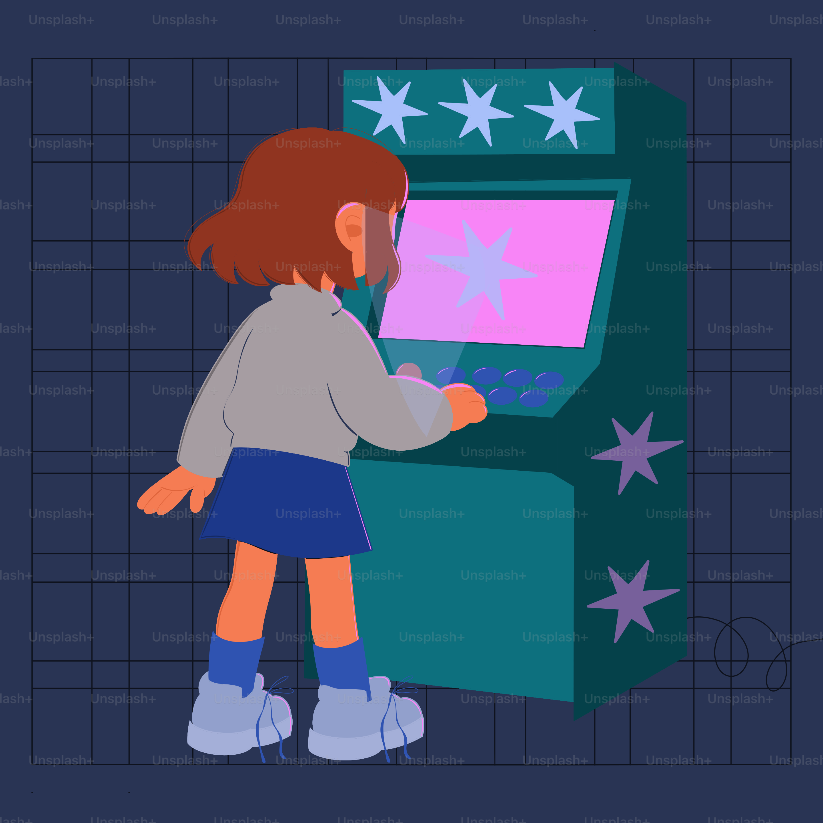 A girl plays a video game at an arcade.