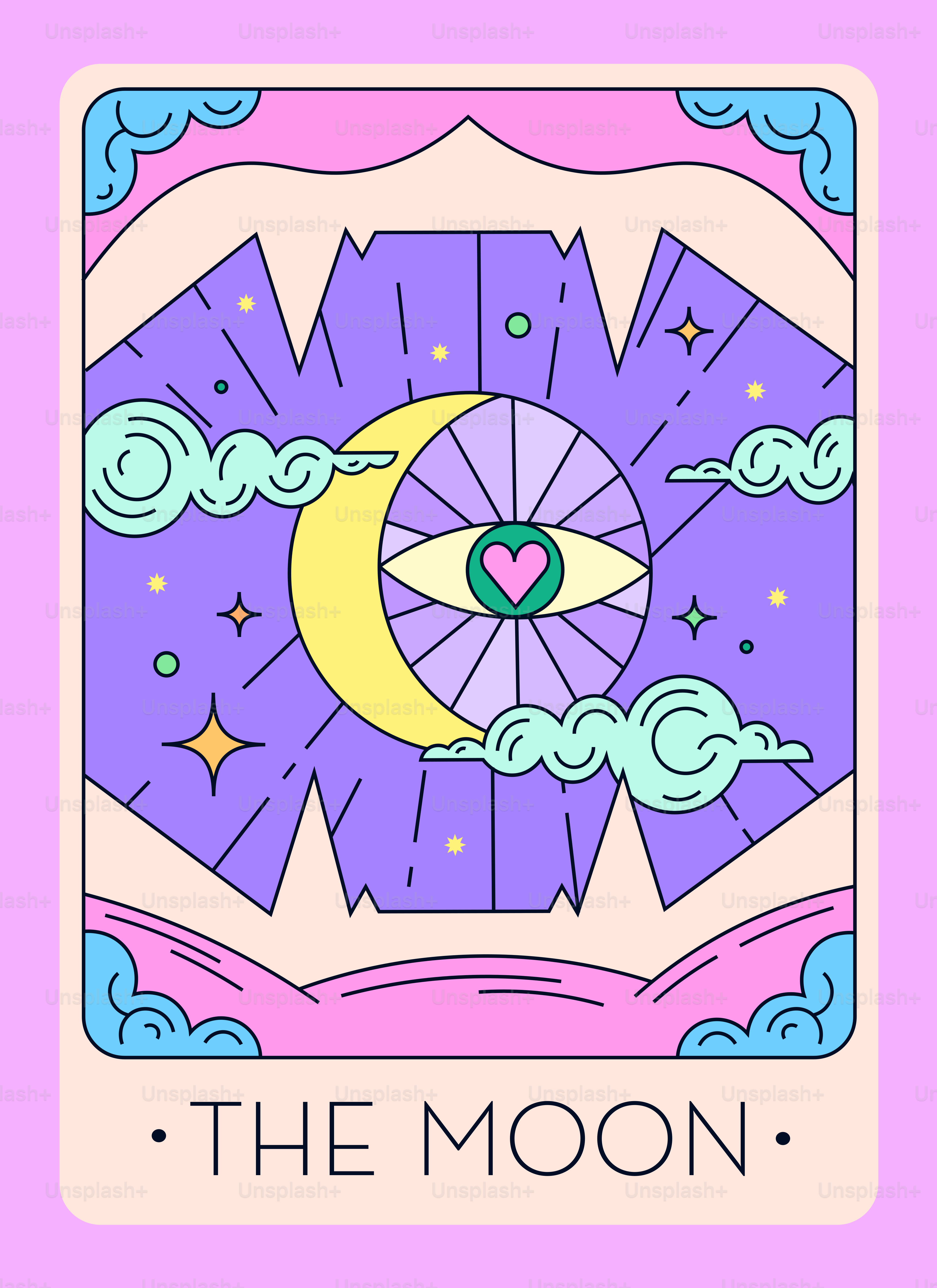 A carta do tarô da lua, com símbolos celestes.