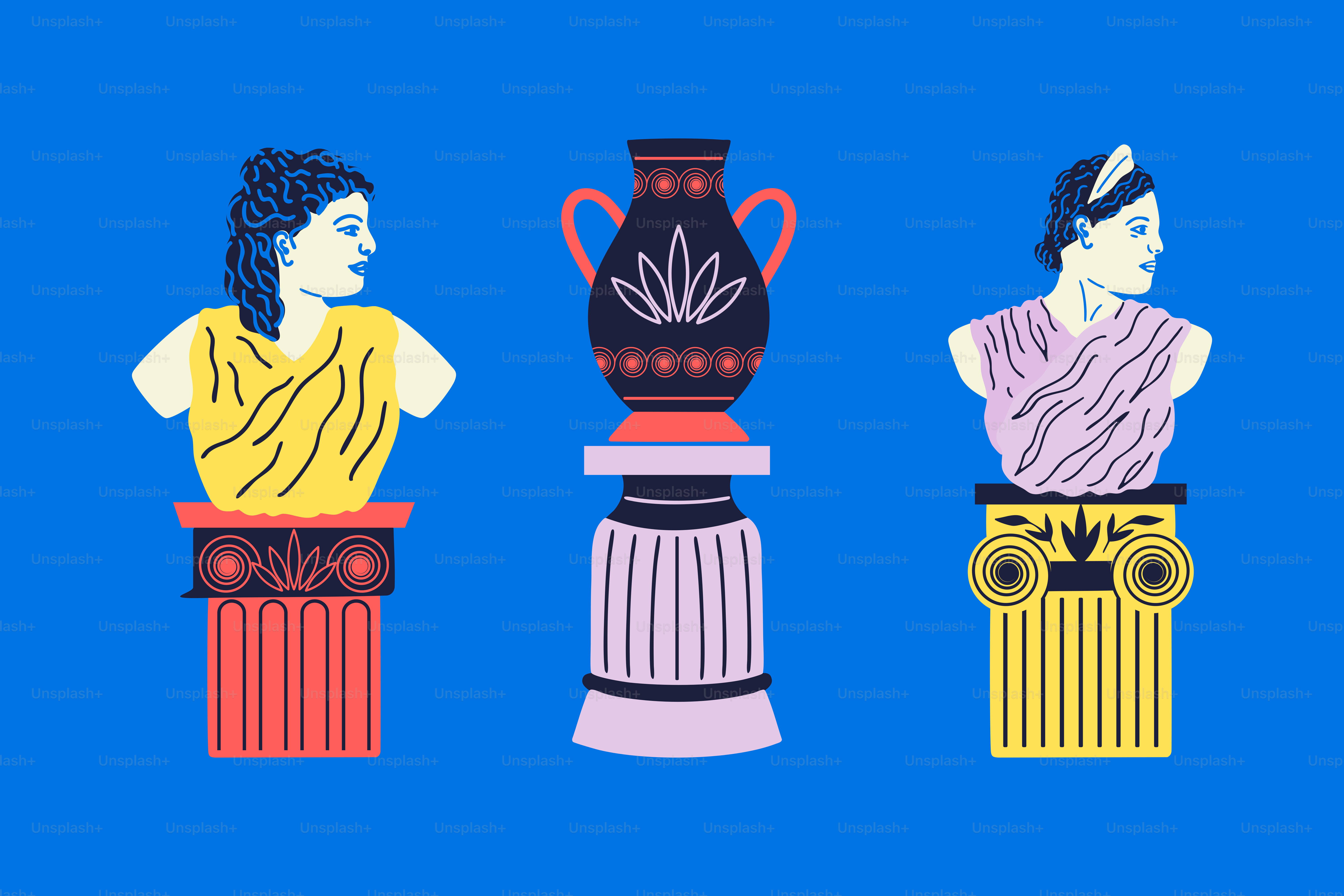 Greek busts and an urn on pedestals.