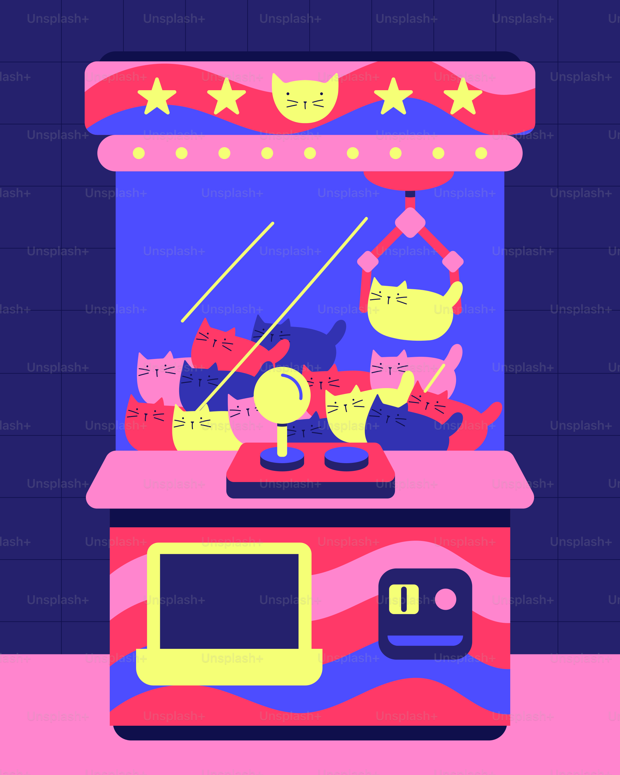 A claw machine filled with adorable cat prizes.