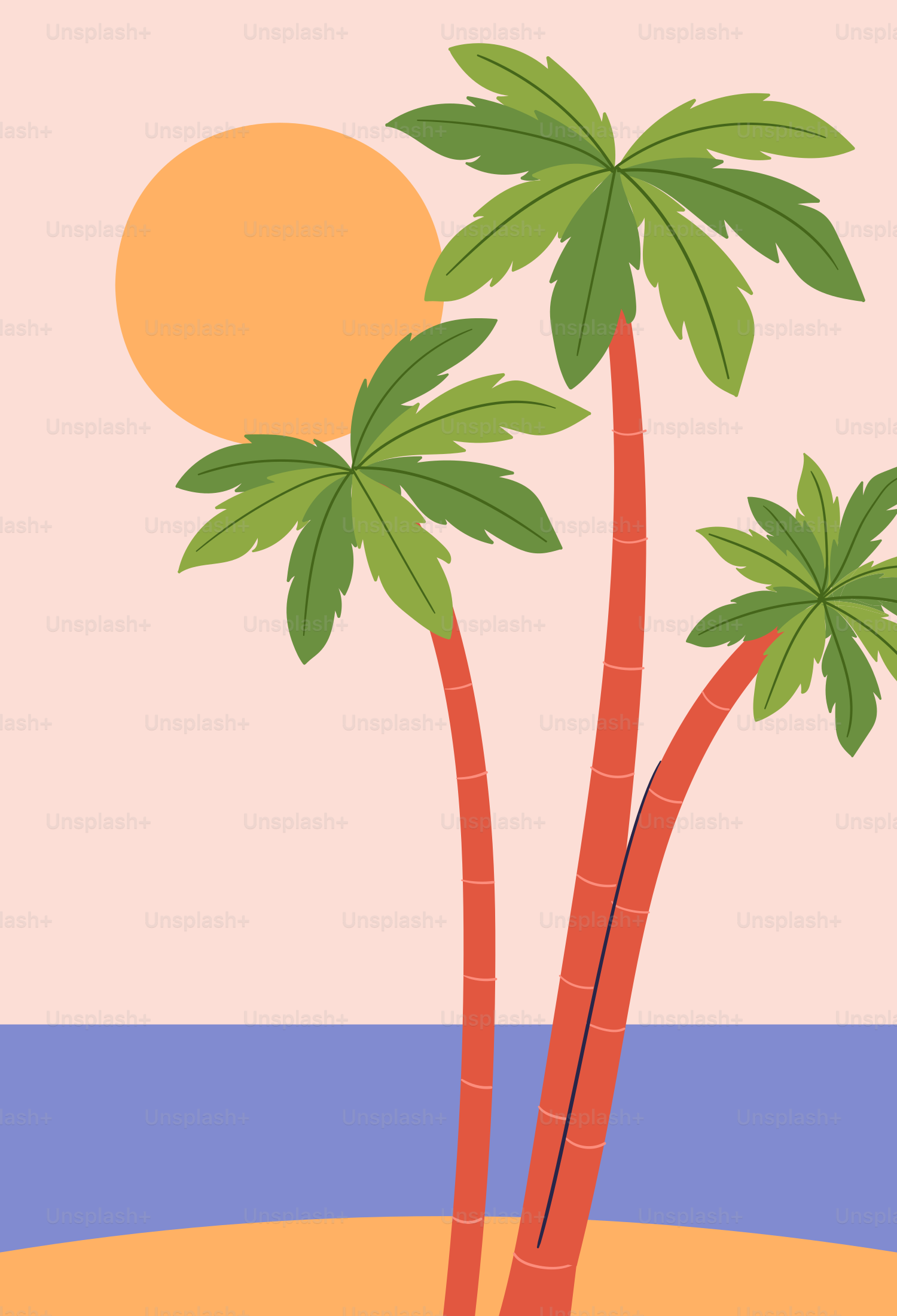 Palm trees bask under the sun on a beach.