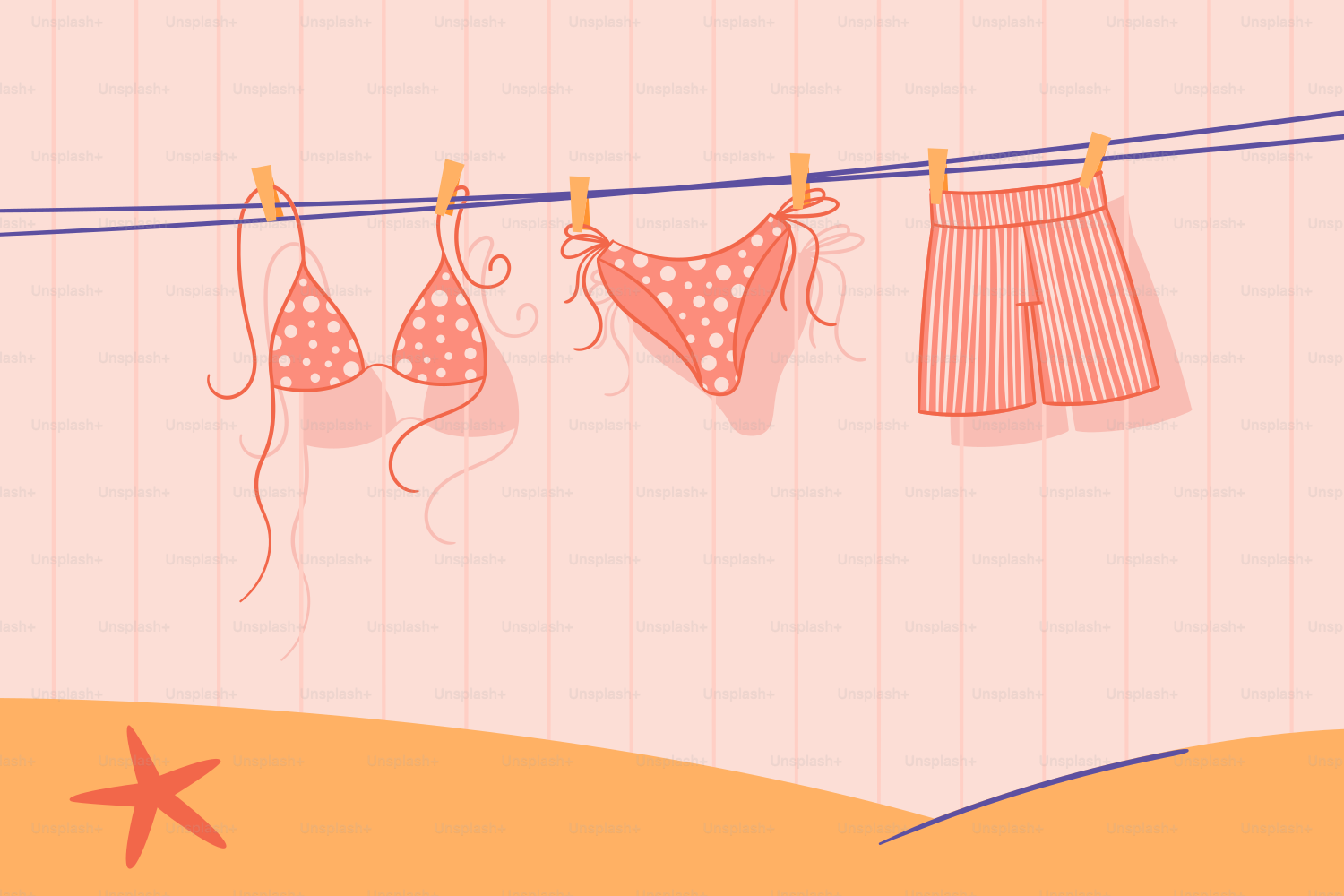 Swimsuits hang out to dry by the beach.