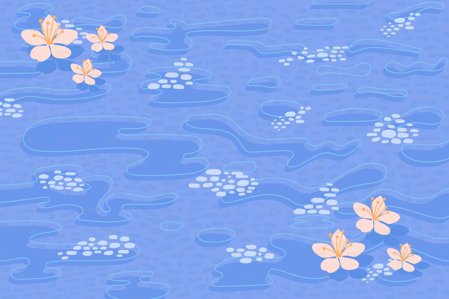Cherry blossoms float on a blue watery surface.