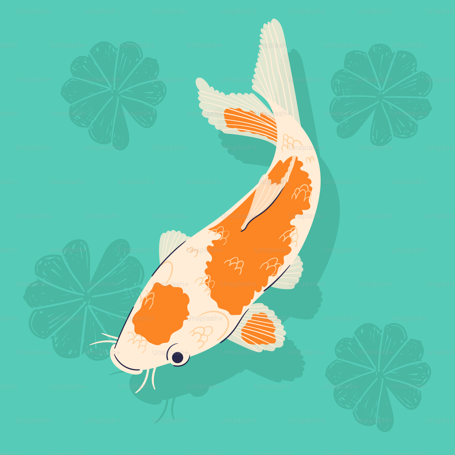 A koi fish swims with lily pads.