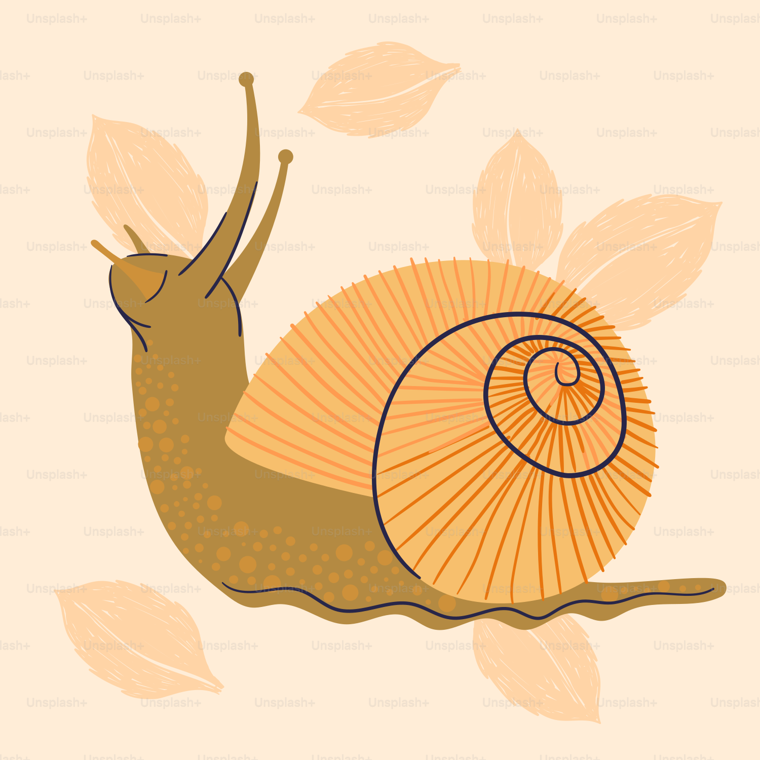A cartoon snail with leaves surrounding it.