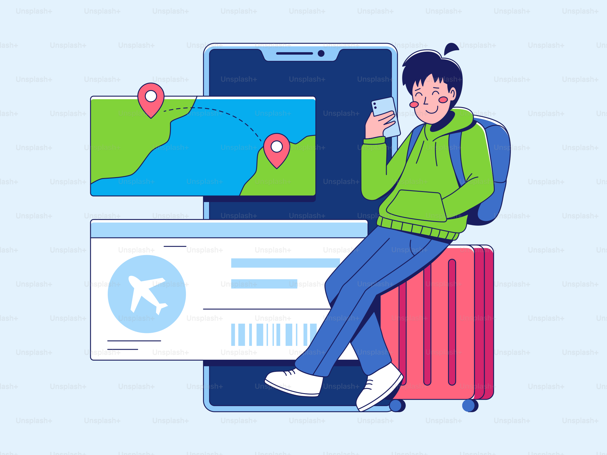 Um viajante planejando uma viagem usando um telefone.