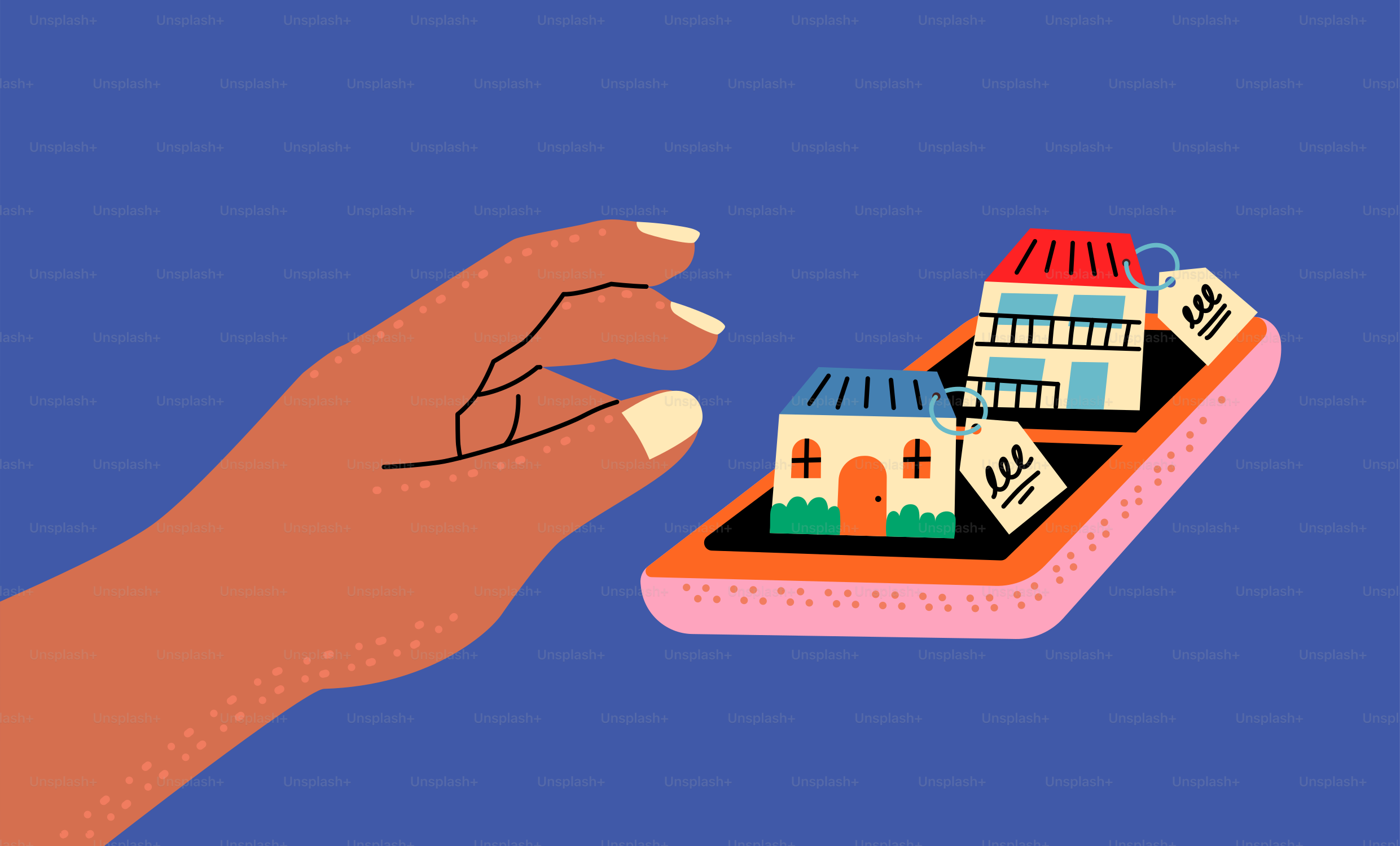 Die Hand reicht auf einem Smartphone-Bildschirm zu den Häusern.