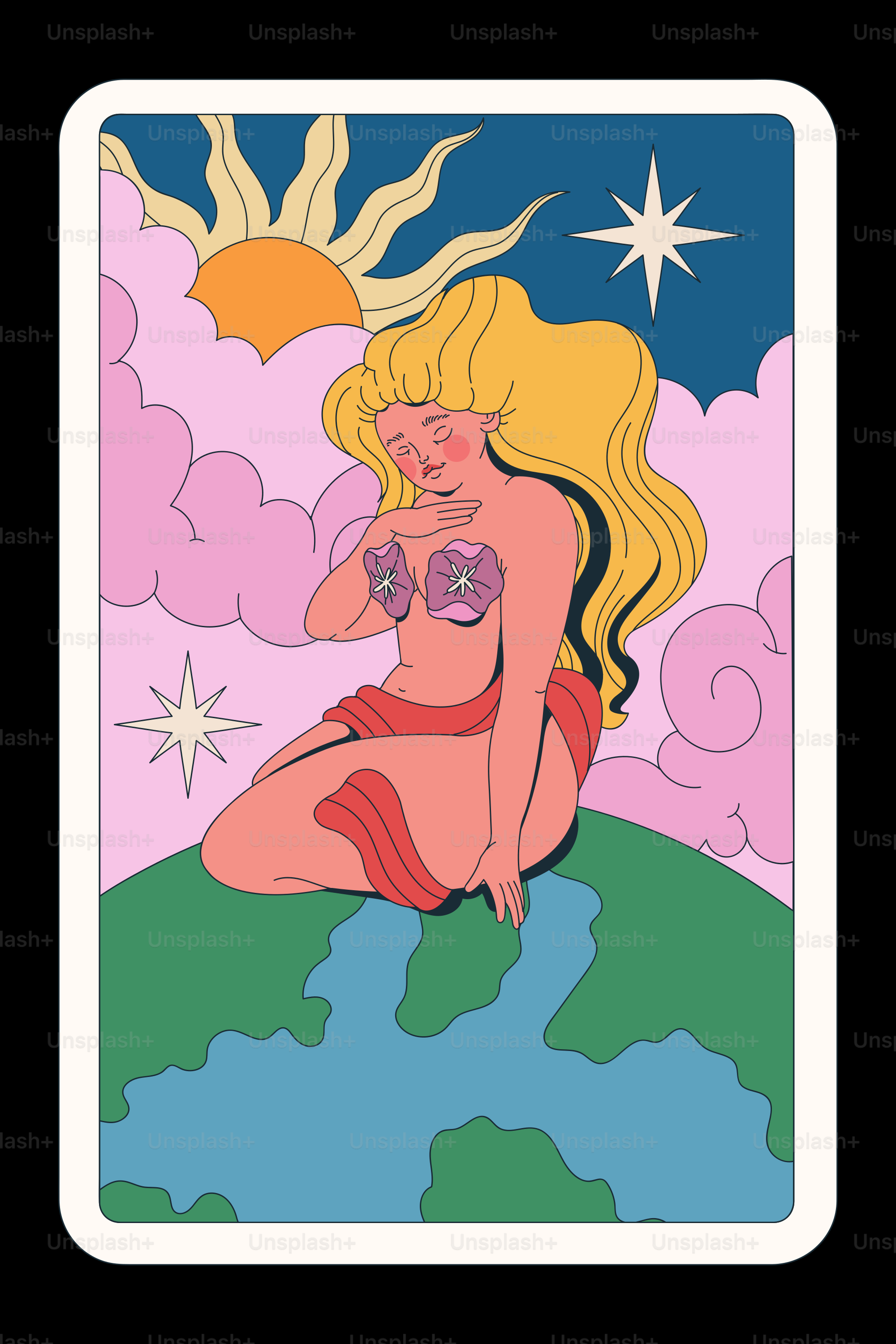 Eine Frau sitzt auf der Erde, umgeben vom Himmel.