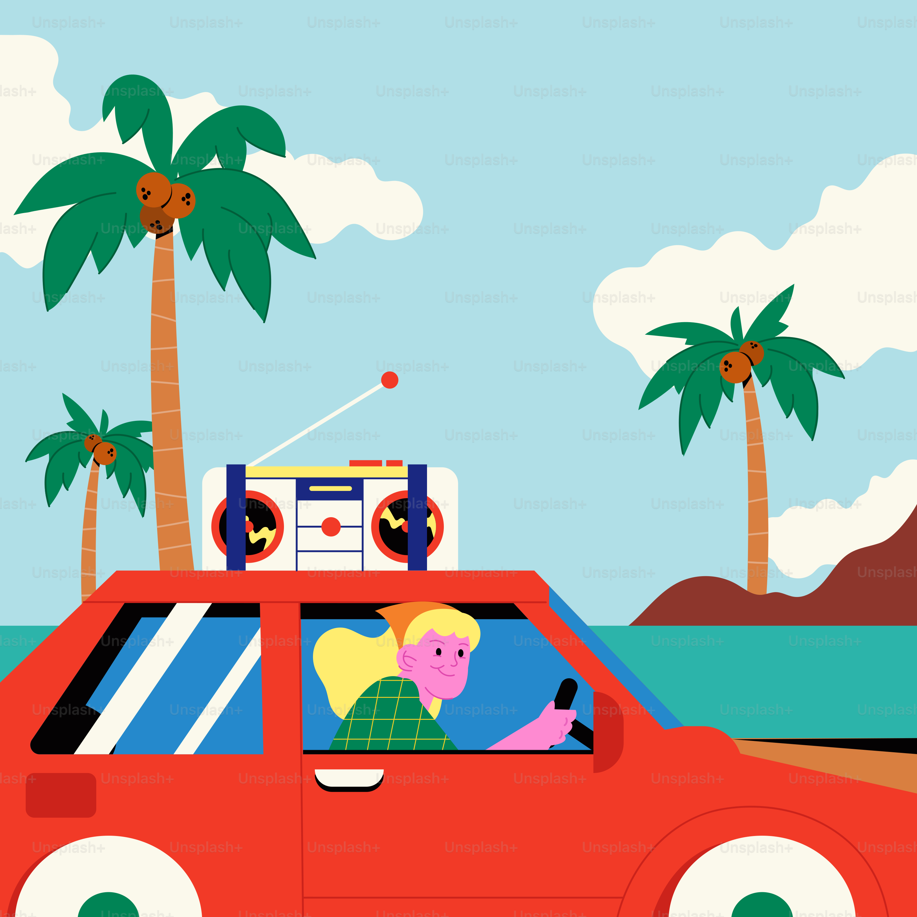 A woman drives a car on a beach vacation.