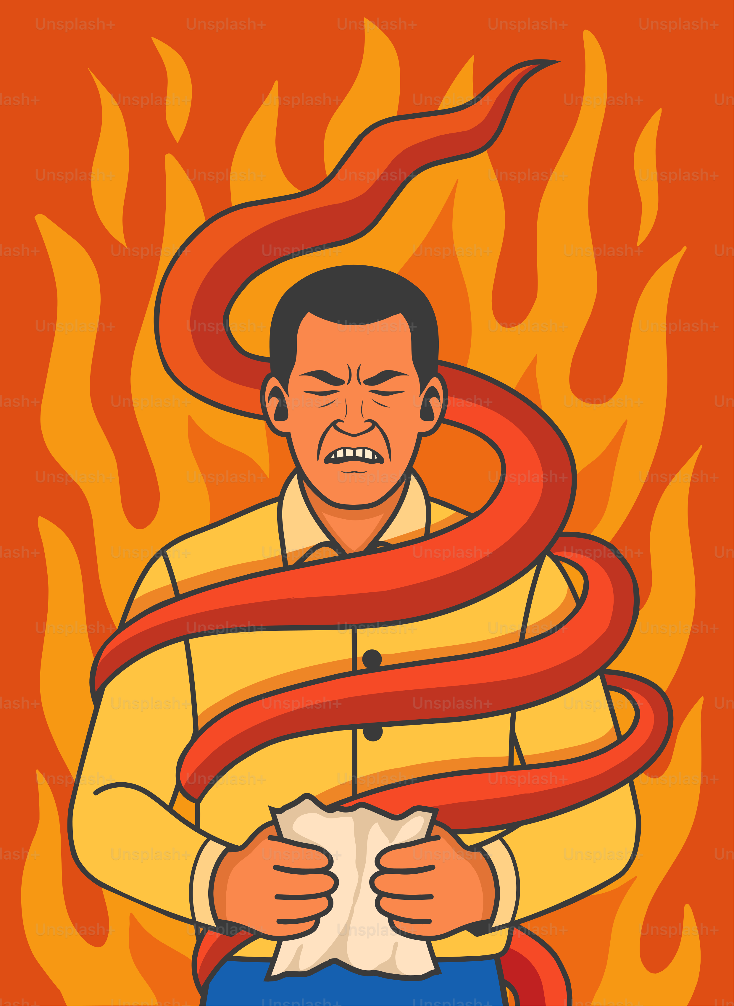 Man is engulfed by fire and a red serpent.