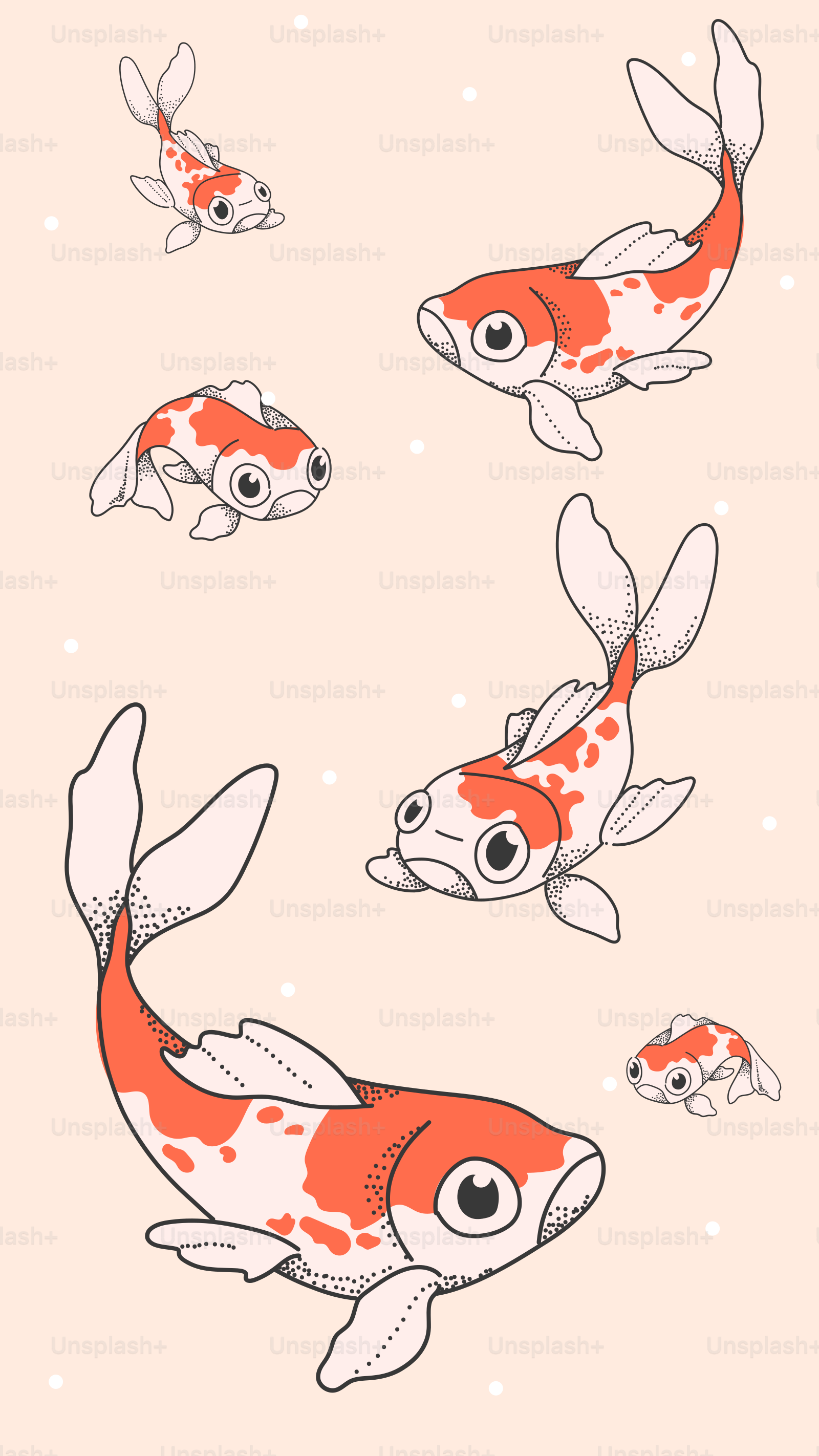 Cute, cartoon koi fish swim in a light background.