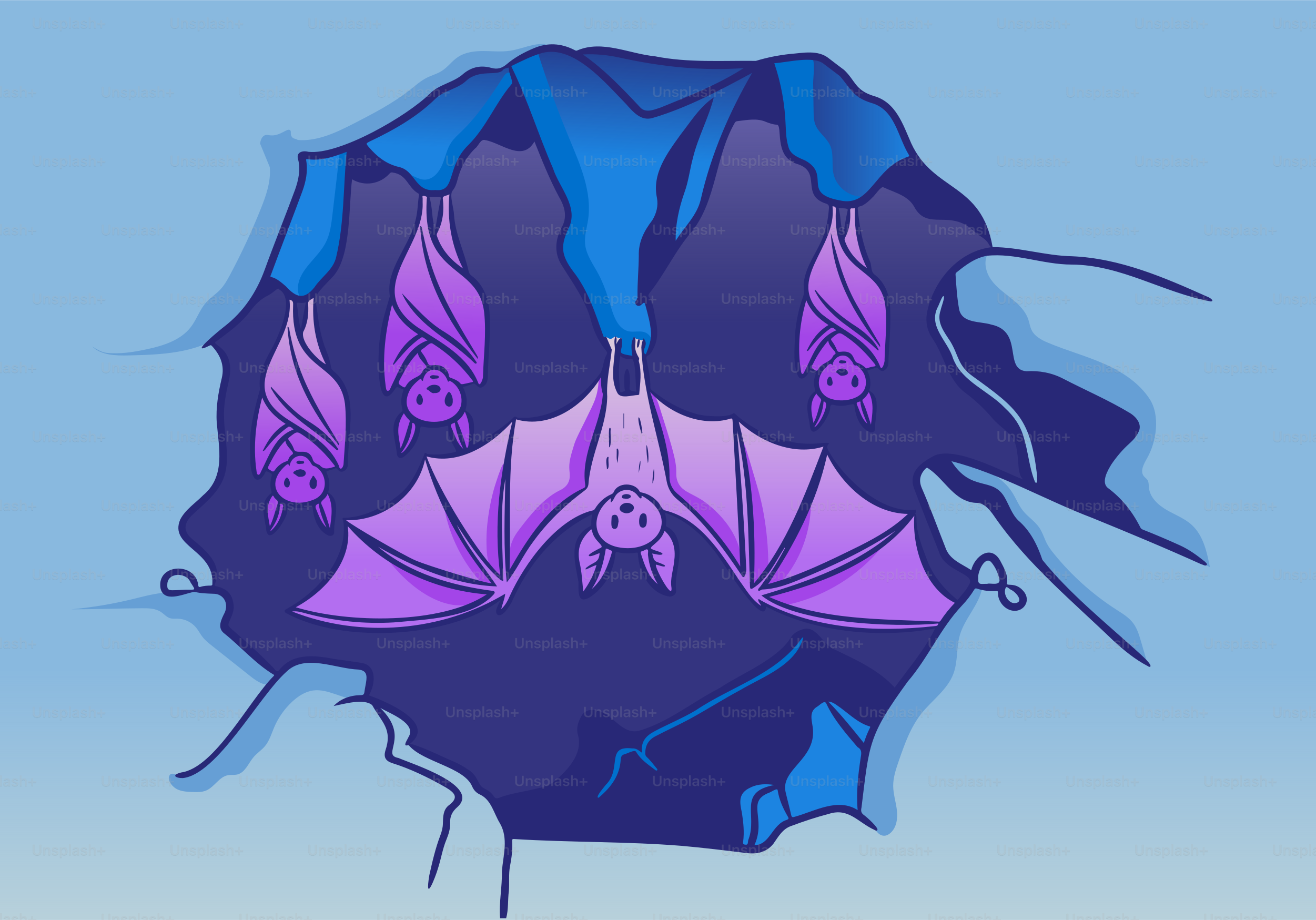 Bats hang in a cave opening.