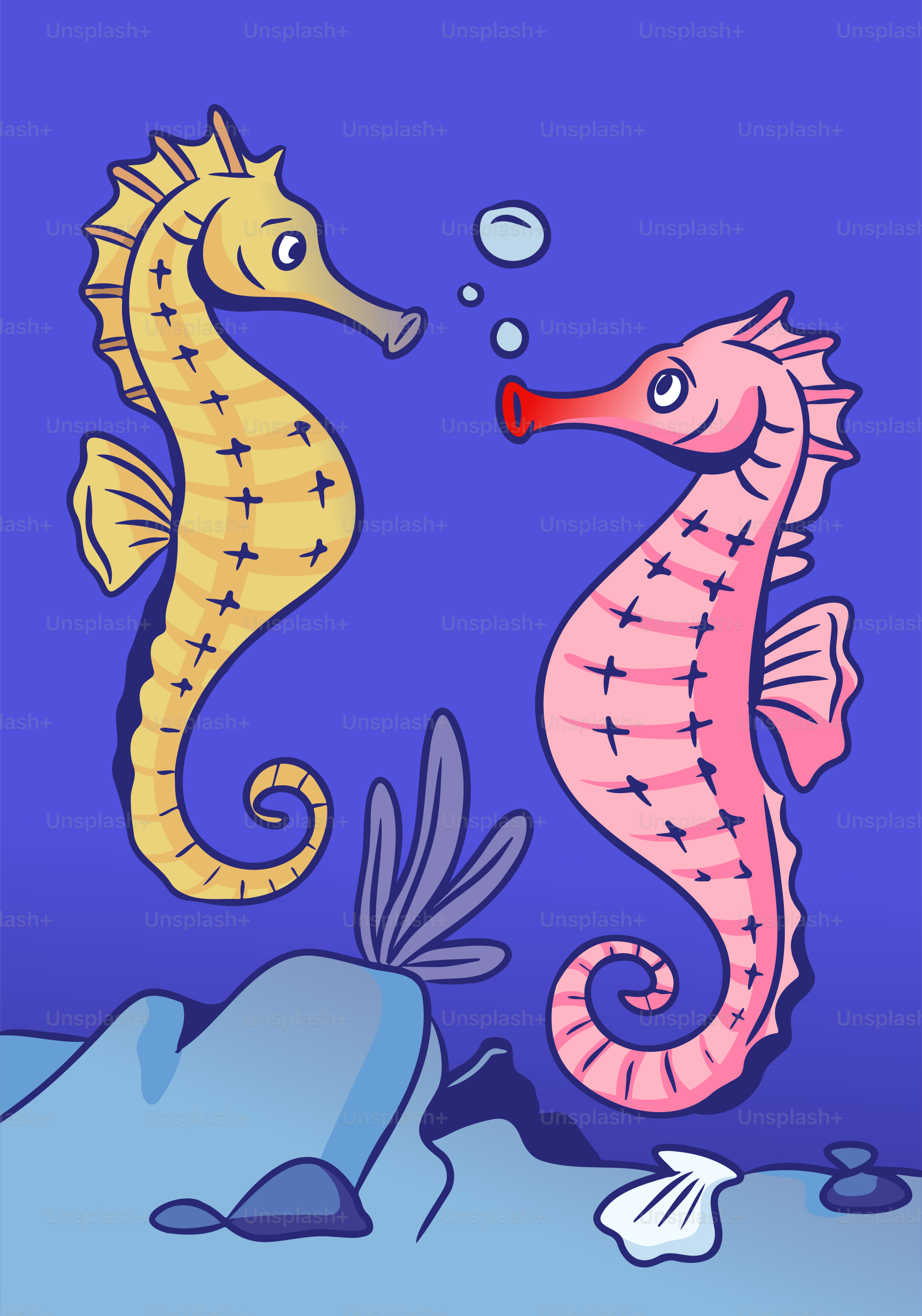 Two colorful seahorses swim in the ocean.